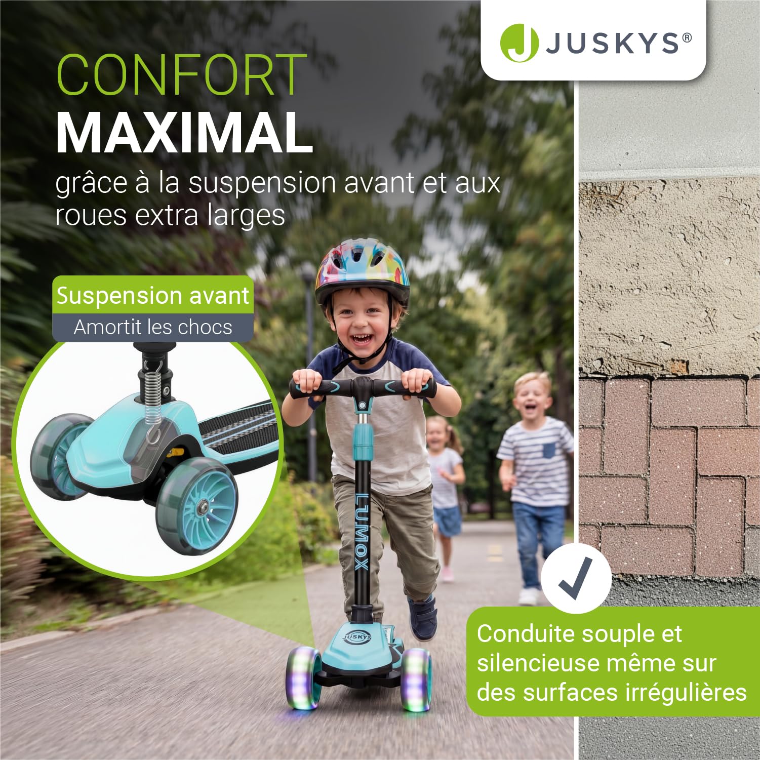 JUSKYS® Trottinette Enfant Lumox - Noir/Rose/Bleu, Roues LED sans Batterie, Guidon réglable 70-81 cm, Pliable avec Suspension et Frein arrière