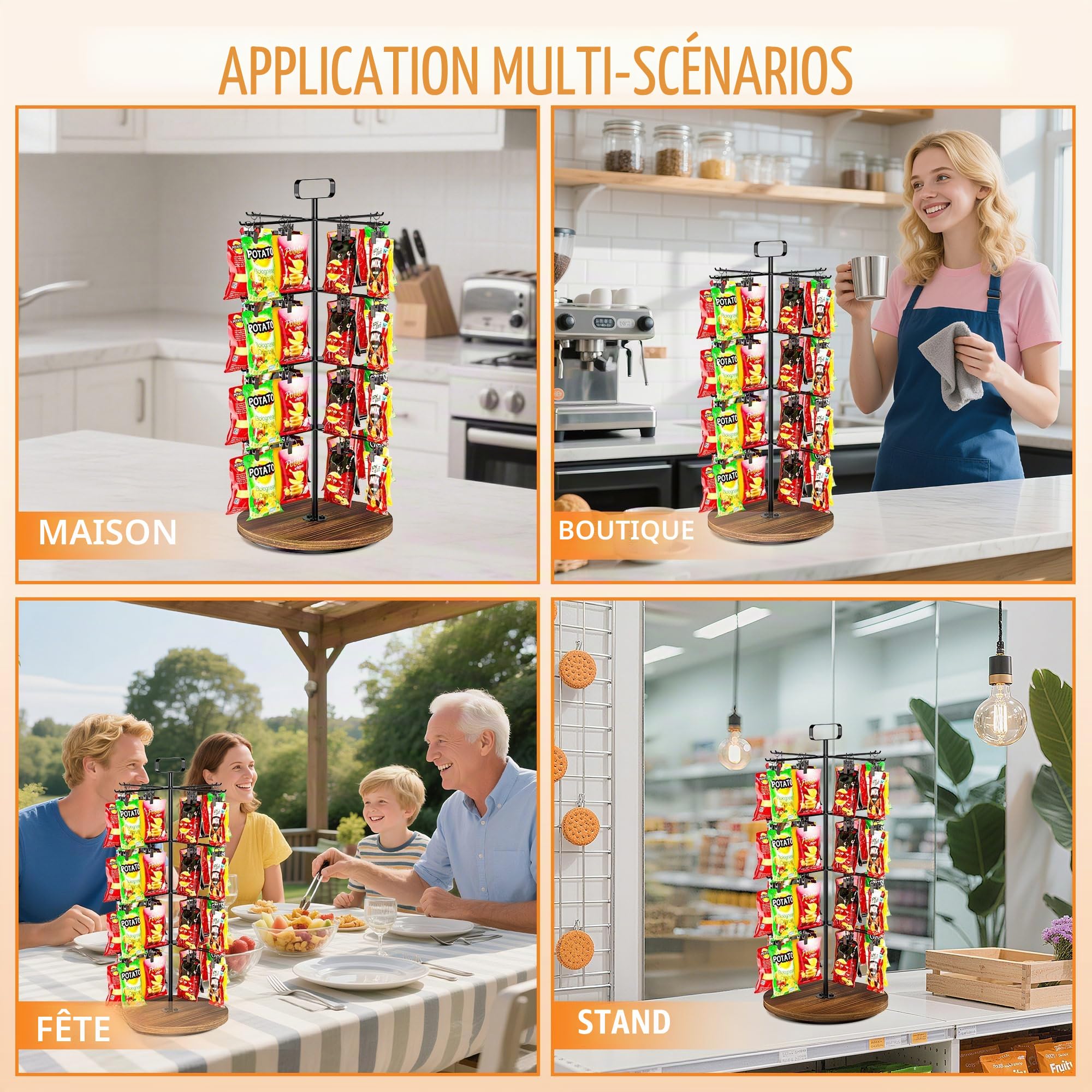Présentoir à frites, 4 niveaux et 64 clips pour comptoir, support rotatif à 360°, présentoir à bonbons, station de rangement pour garde-manger, vente au détail, bureau (noir)