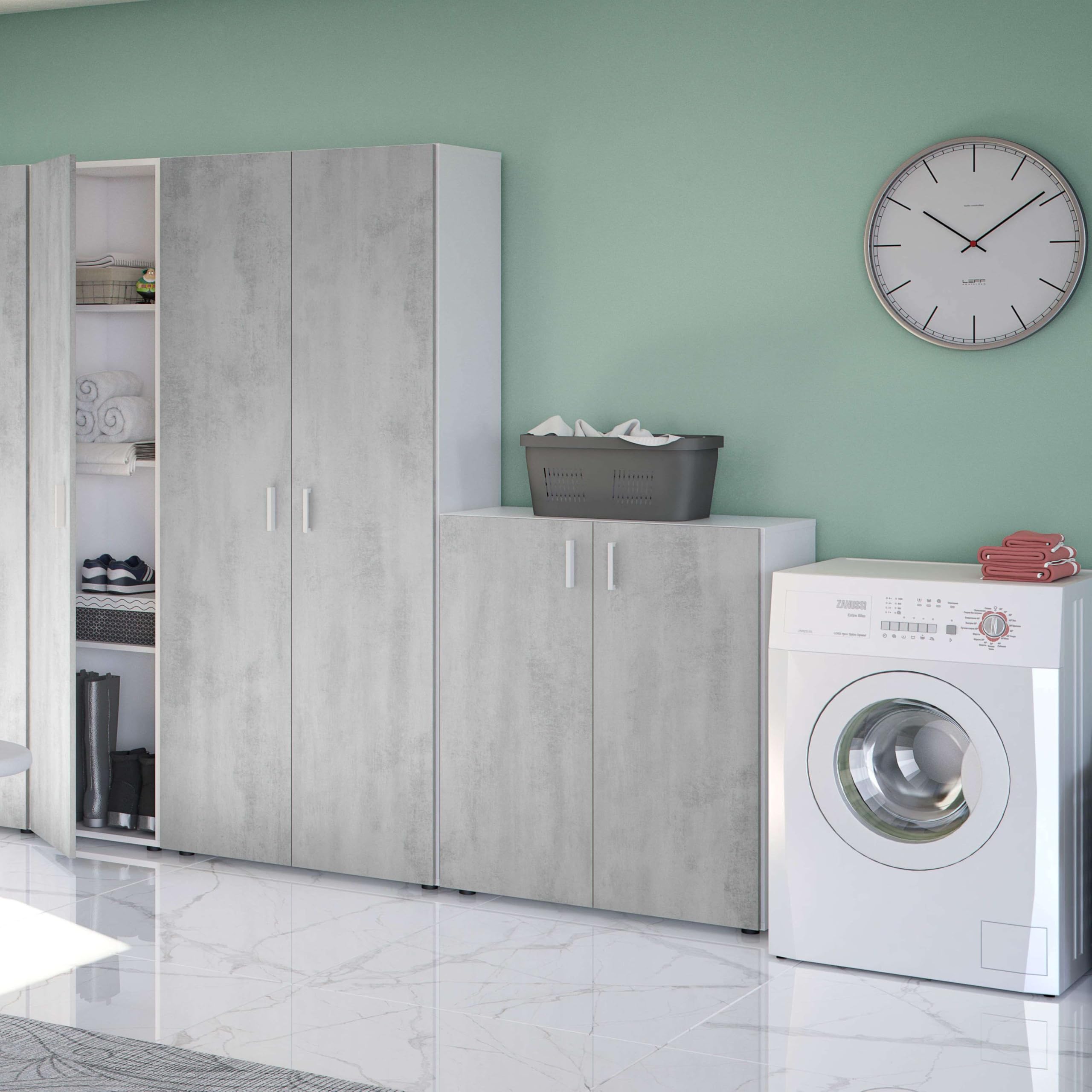 Habitdesign Armadio multiuso basso, portaoggetti a 2 porte, finitura in bianco Artik e cemento, dimensioni: 80 cm (larghezza) x 92 cm (altezza) x 37 cm (profondità)