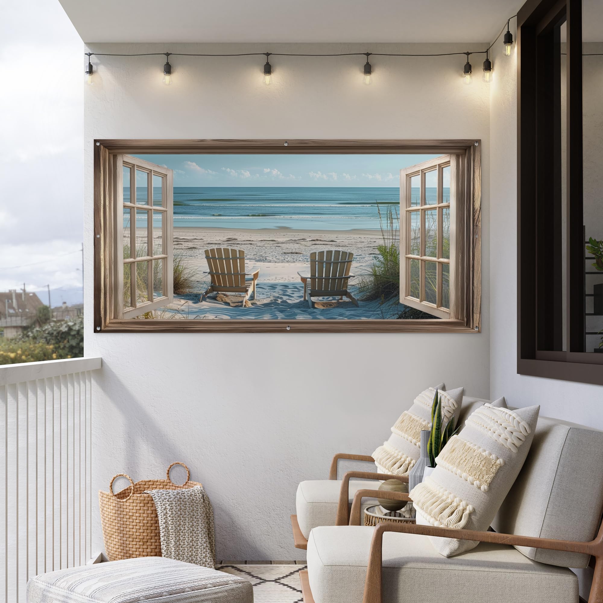 MuchoWow© Póster De Jardín 200x100 cm Terraza Exterior Accesorios Jardin Decoracion Pared Decorativa Balcon Wall Decoration Posters Decorativos Transparente - Sillas Playa - Dunas - Mar