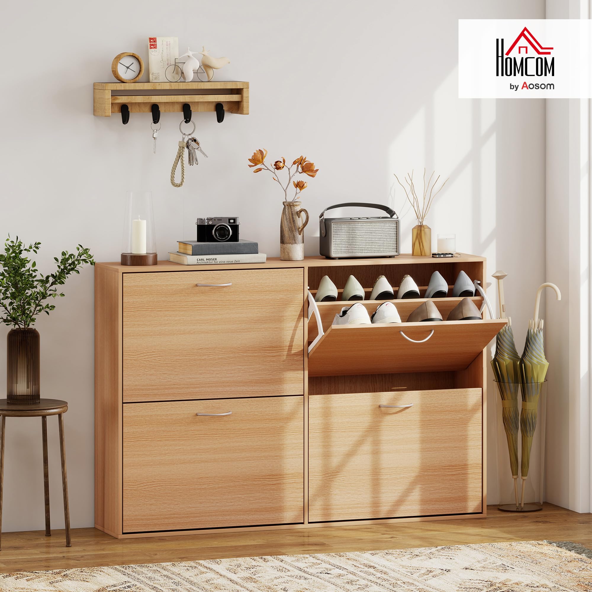 HOMCOM Zapatero Estrecho 4 Puertas, Zapatero Entrada Recibidor con Estantes Ajustables, para 16-24 Pares de Zapatos, para Pasillo, Espacios Reducidos, 120x24x81 cm, Natural