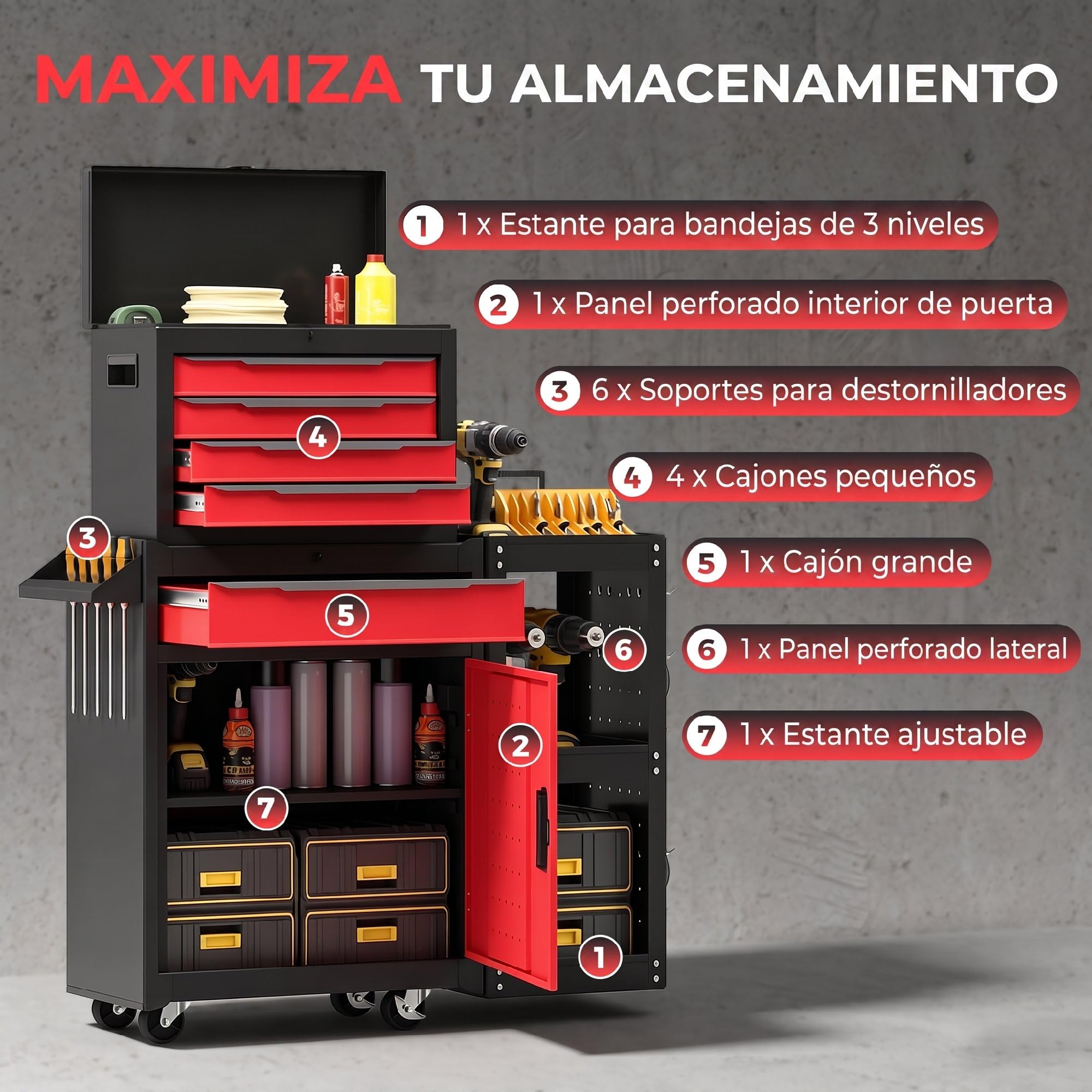 HOMCOM Armoire Outils roulante, étagère, Panneau perforé, 3en1 Rouge