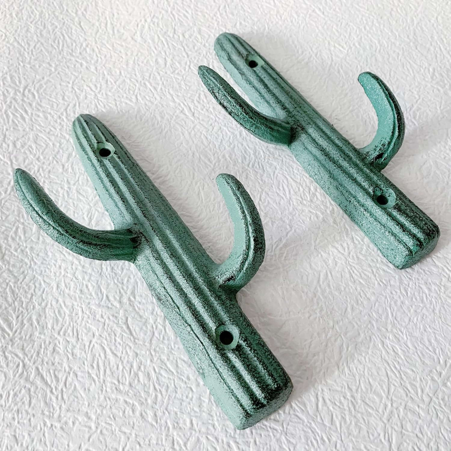 Rustic Cactus-Shaped Decorative Wall Hook Rack Hangers for Hanging Clothes, Coats, Towels, Keys, and Hats, 2-Pack Antique Cast Iron Mounted Wall Hooks