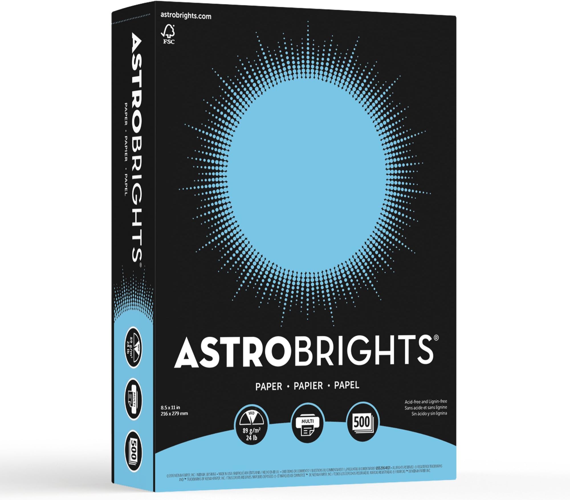 Neenah Astrobrights 30% Recycled Bright Color Paper, 8 1/2in x 11in, 24 Lb, FSC Certified, Lunar Blue, Ream Of 500 Sheets, 21528