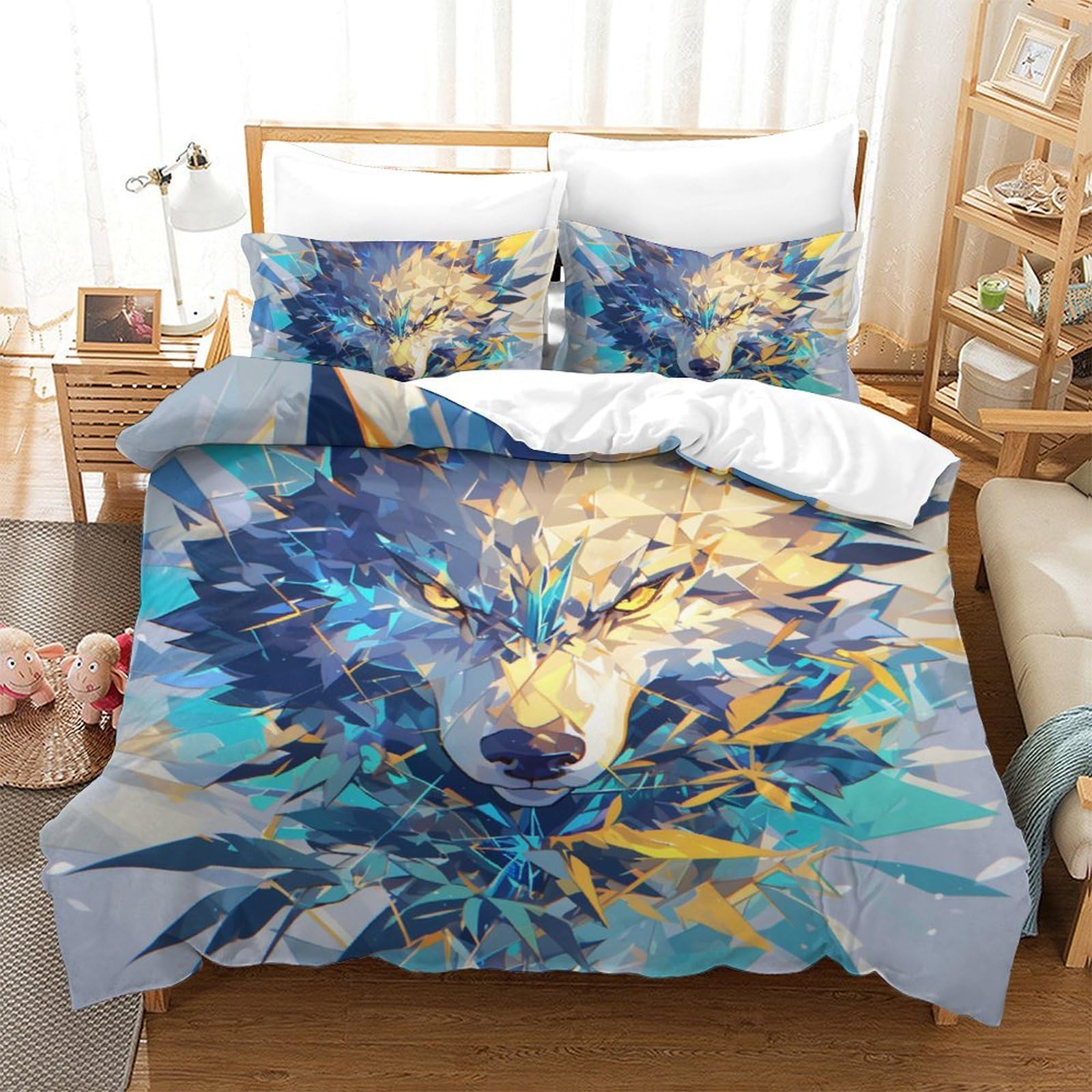 Housse de couette loup 3D en microfibre anti-glisse avec fermeture éclair pratique