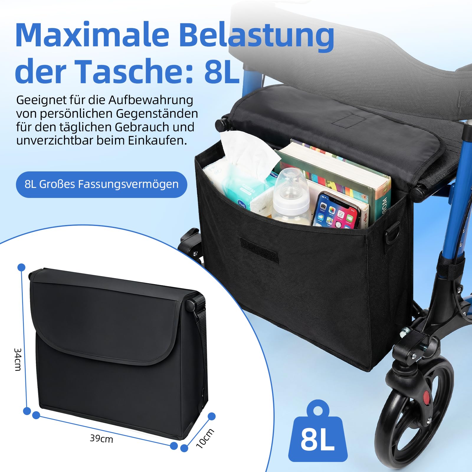 Leichtgewicht Rollator Faltbar und Leicht mit Sitz, 6-fach Höhenverstellbar Geeignet für 160 185 cm, Aluminium Gehhilfe mit Feststellfunktion Stockhalter und Abnehmbare 8L Einkaufstasche