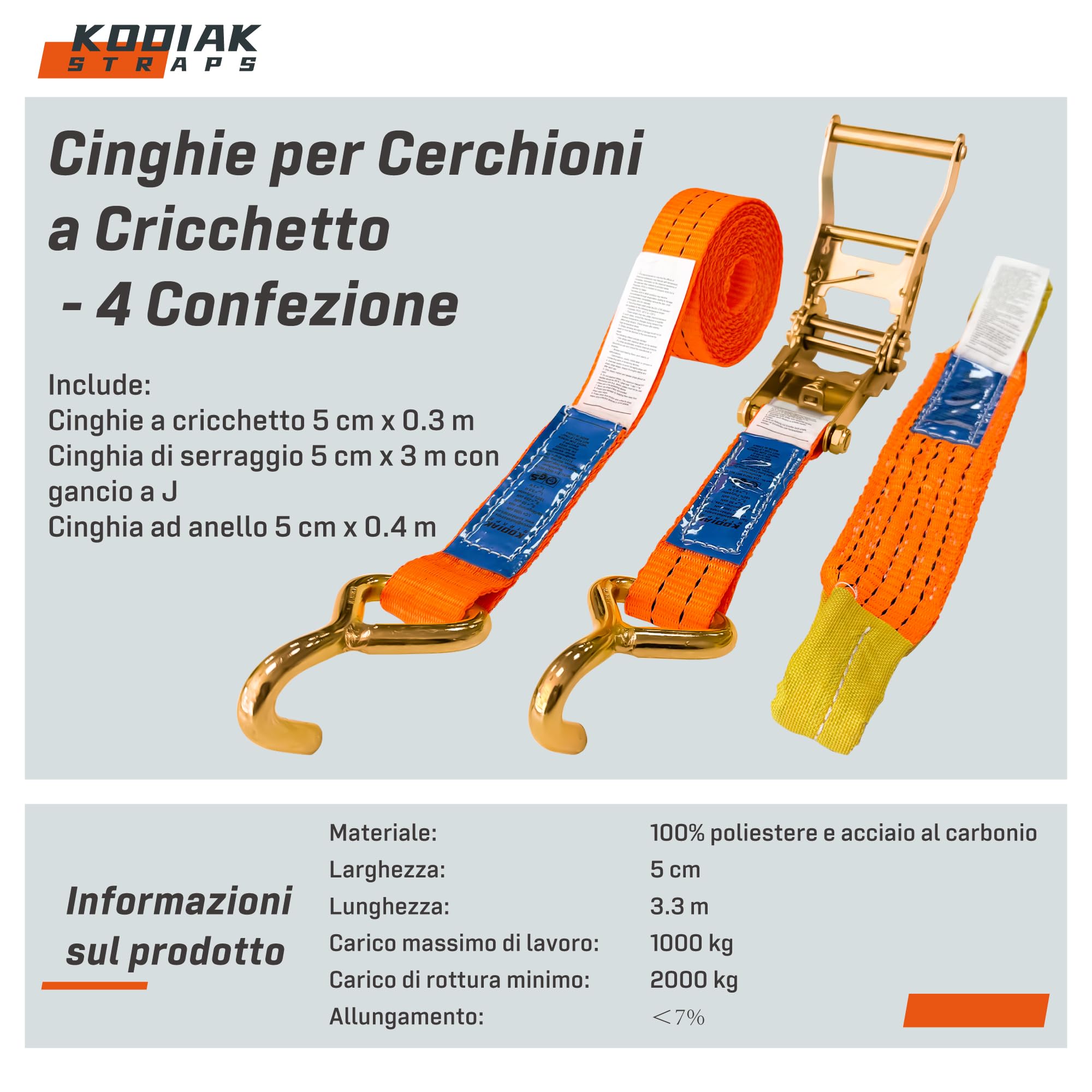 4 Cinghie a Cricchetto per Trasporto Veicoli | Larghezza 35 mm | 2000 daN | Cinghie di Serraggio per Sicurezza Ruote, Auto, Rimorchi - Certificate TÜV G/S e secondo DIN EN 12195-2 - KODIAK STRAPS