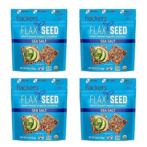 Flackers Galletas orgánicas de linaza con sal marina, 5 onzas, paquete de 4, sin gluten, sin OMG, veganas, refrigerio Keto, 0.23 onzas de fibra,