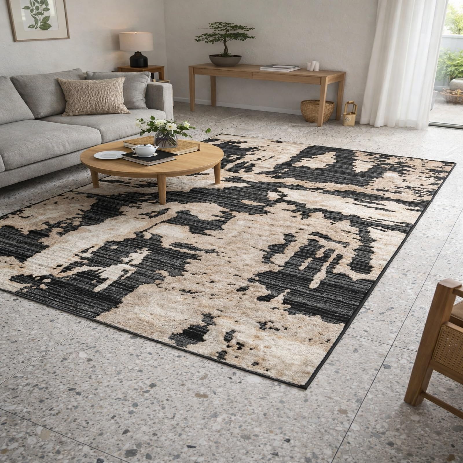 Tapis de salon abstrait moderne noir et blanc 120 x 185 cm pour déco de chambre