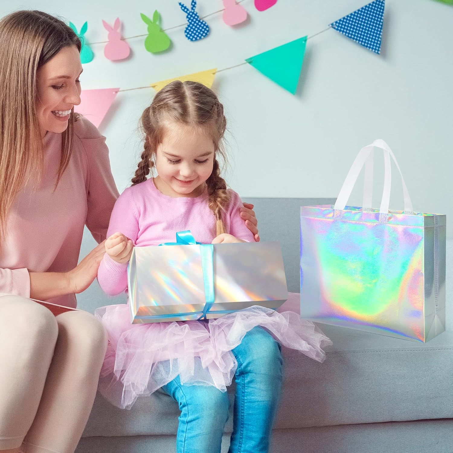 ZIFTY 32 Pcs Large Iridescent Gift Bags with Handles, Reusable Non-woven Goodie Gift Bags Bulk with Holographic Tissue Paper for Christmas, Birthday, Wedding, Easter, Holiday Party Favors 12.6x11x4.7