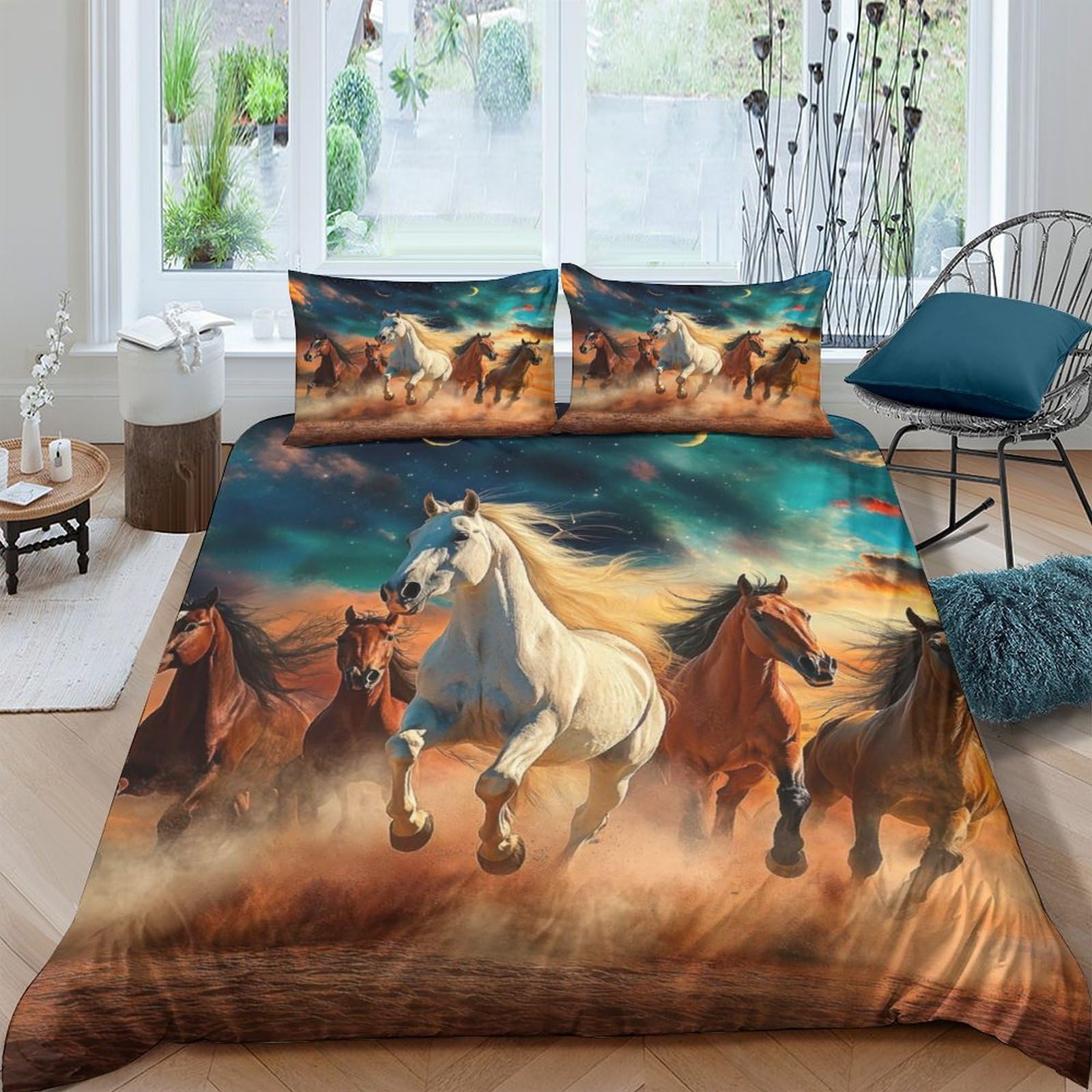 Ctjqhvkz Style-5 3D Printed Wild Horse Fitted Sheet Microfiber Soft Brown Blue Bed Sheet Running Herd Mattress Cover Bedroom Decor Single（135X200cm）