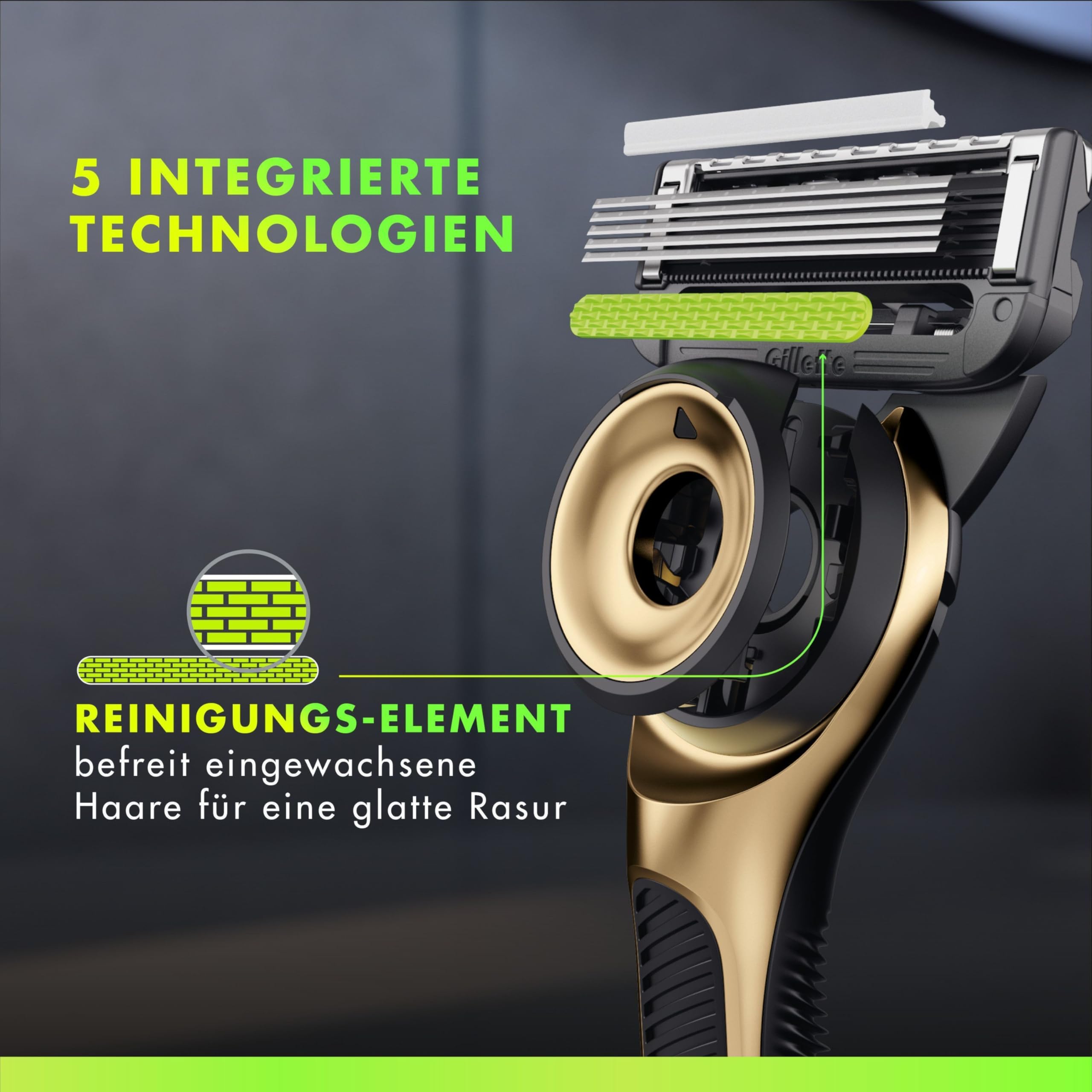 Gillette Labs Rasierer Herren mit Reinigungs-Element, Nassrasierer Männer Champion Gold Edition — Inkl. 1 Handstück, 5 Ersatzklingen und Wandhalterung für Einfache Lagerung Im Badezimmer — Edelstahl