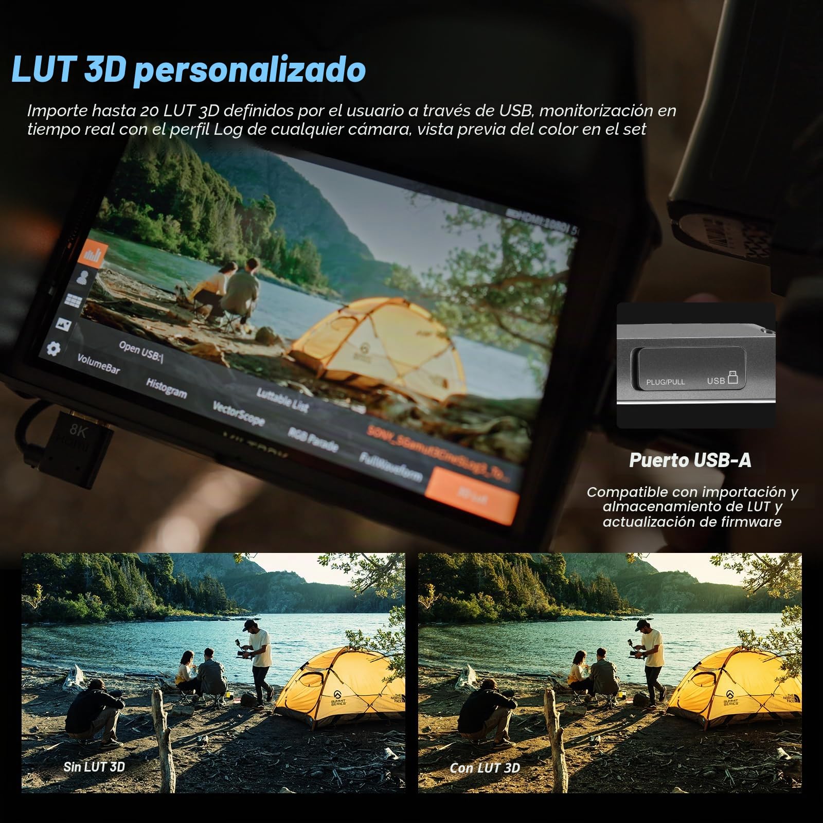 VILTROX DC-A1 Monitor de Campo de La Cámara de Pantalla Táctil,Externa Camera Monitor 2800Nits de Alto Brillo de 7 Pulgadas 1920x1080 3D LUT con Ventilador,Batería,Parasol para Sony Canon Nikon Fuji