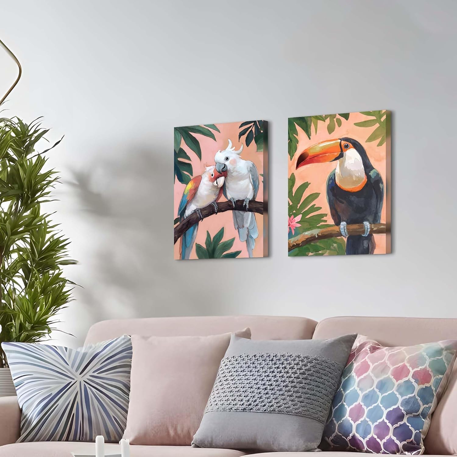 TAR TAR STUDIO Parrots & Toucan on Branch Canvas Wall Art Set - Ideal for Bedroom, Living Room, Office Decor 16"x11" 2 Panels