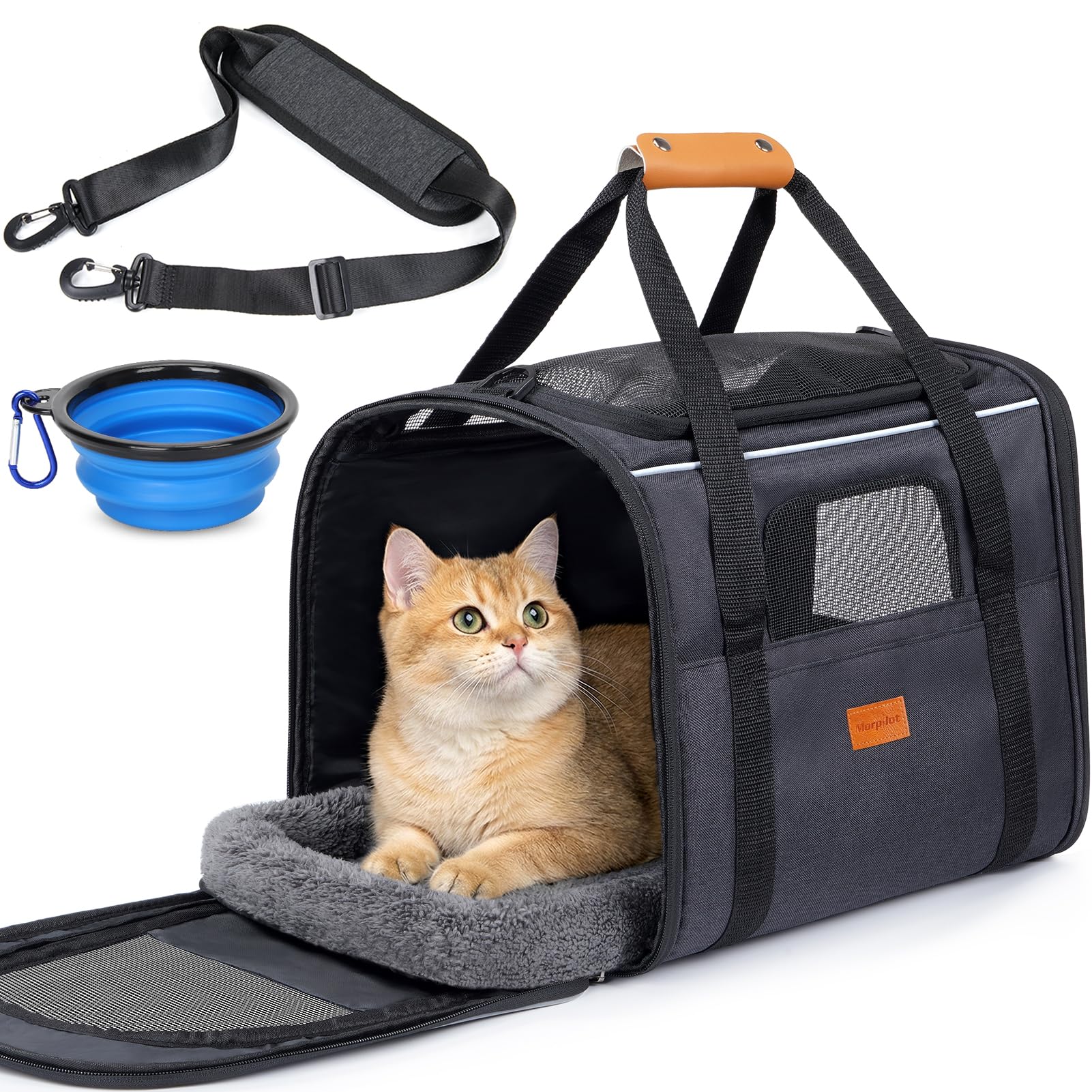 Morpilot large soft-sided carrier with dual-sided cushion and foldable bowl