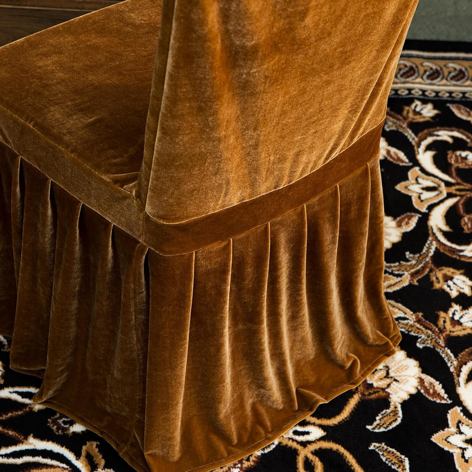 Velvet Chair Covers Set of 2 Retro Ruffle Flounces Trim Soft Decorative Luxurious Solid Golden Camel Farmhouse Vintage Washable Soft Stretch Dining Seat Slipcover Removable Parsons Chair Protector