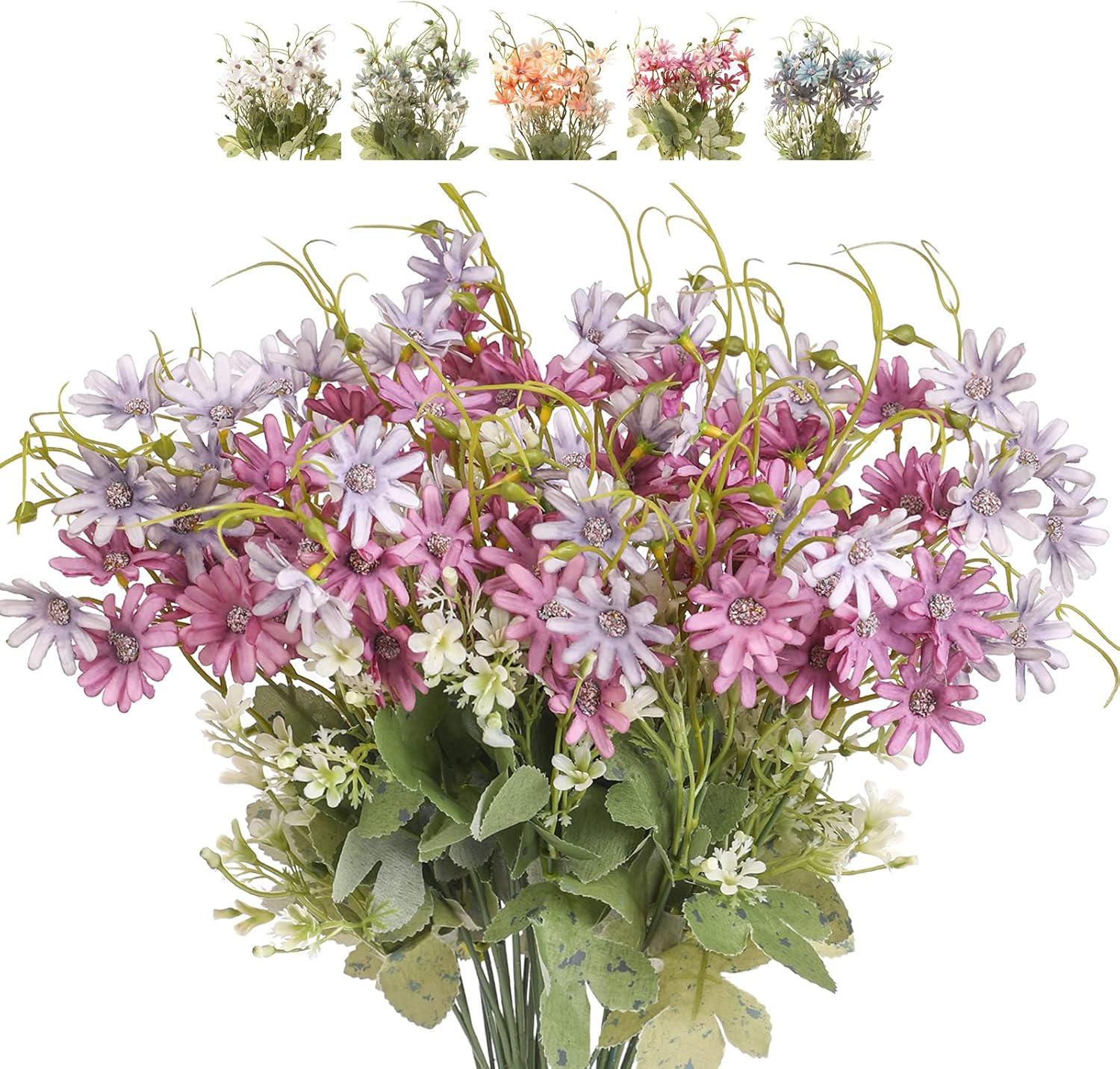 Artificial Flowers Wildflowers Silk Daisy Spring Fake Daisies Decoration Summer UV Resistant Colorful Mixed Bundles Faux Greenery Outdoor Plant Stem Filler for Home Decor Indoor Floral Arrangements