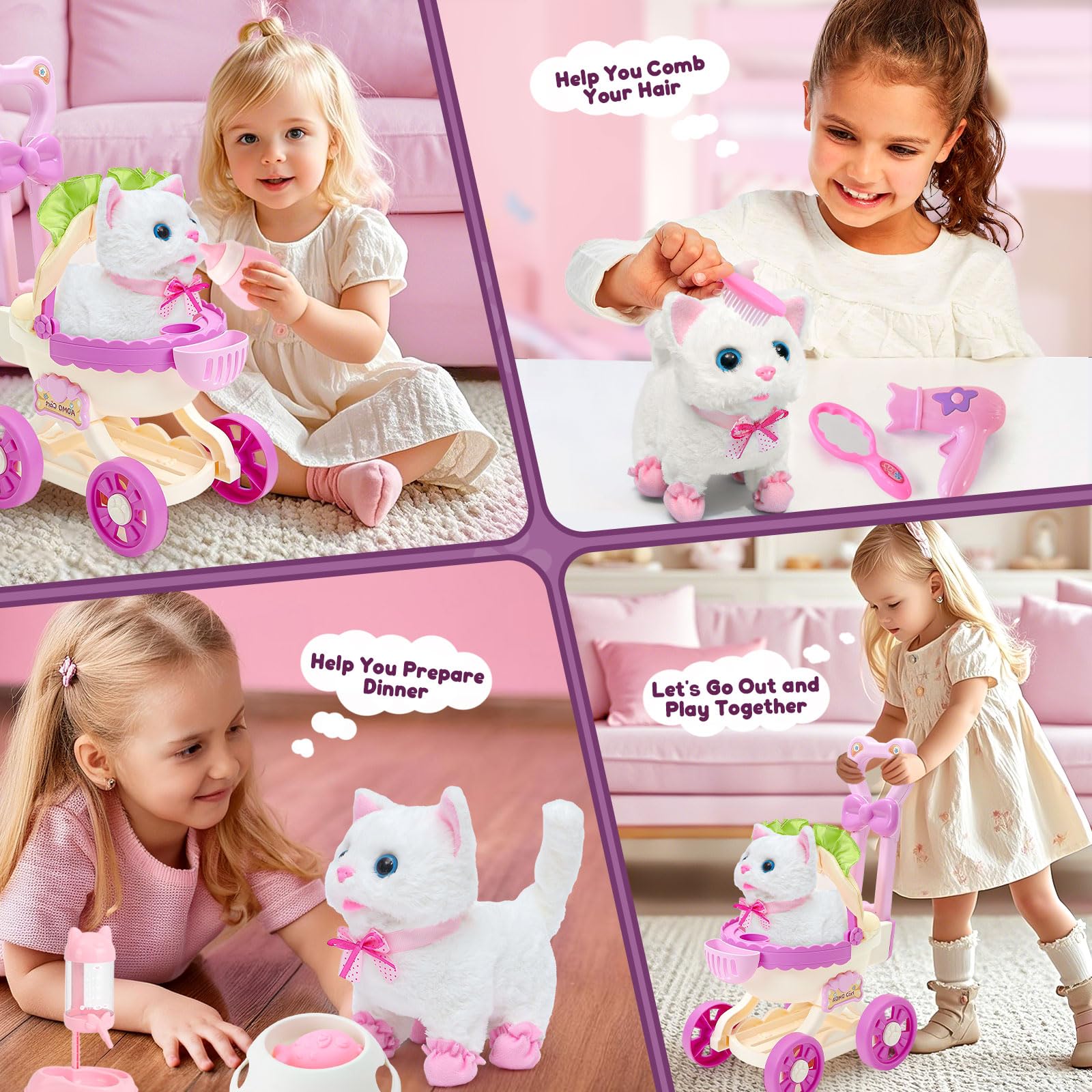 Tacobear Jouet Electronique en Peluche Chat Fille 3 4 5 6 Ans, avec Interactif Chat & Poussette de Poupee & Accessoires de Animaux Jeu de Role Jouet Cadeau Noël Danniversaire Enfant Fille 3-6 Ans