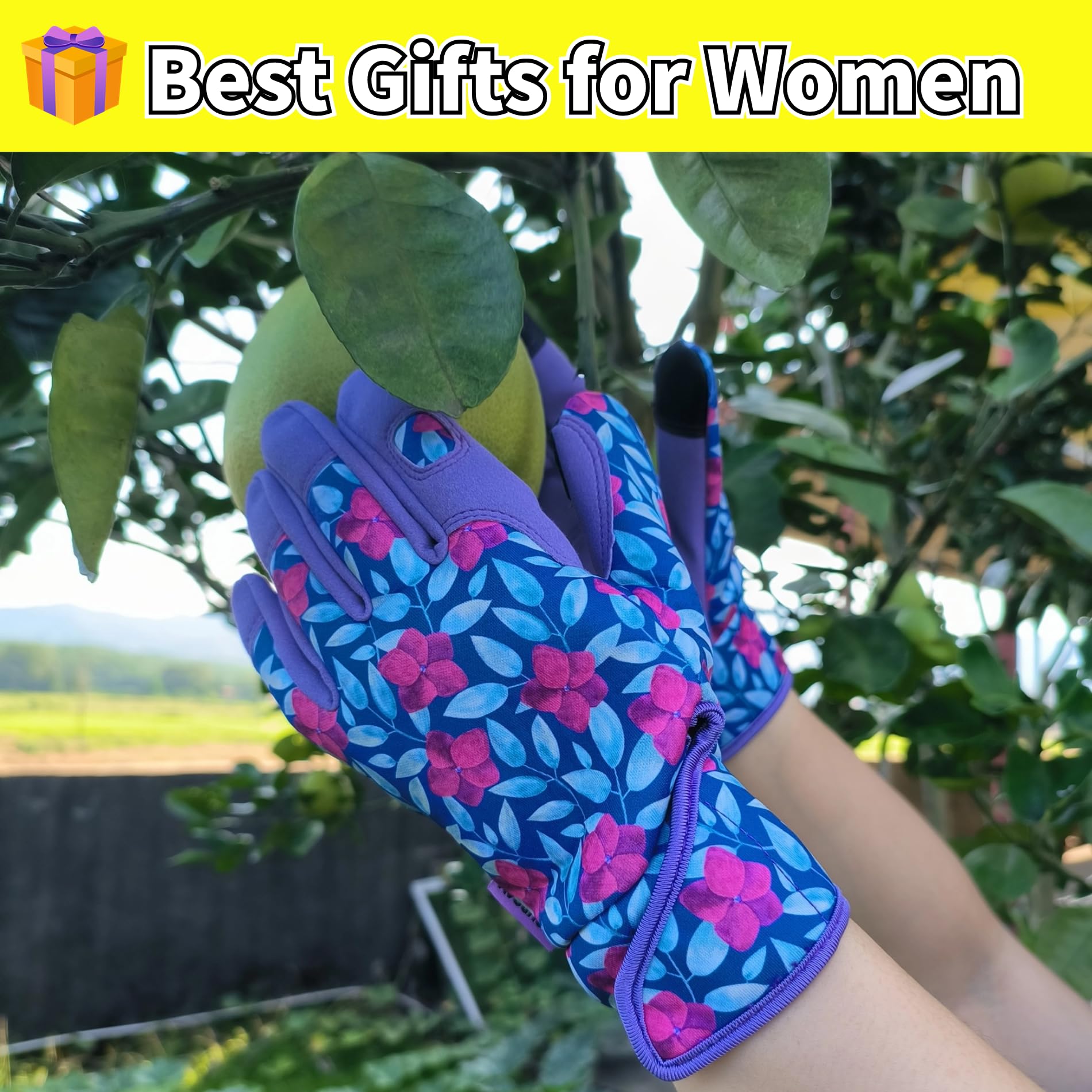 Guanti da giardino da donna, guanti da giardinaggio in spandex e pelle sintetica, guanti da lavoro per cortile, regali per giardinaggio e regali da giardino (palmo viola, M)