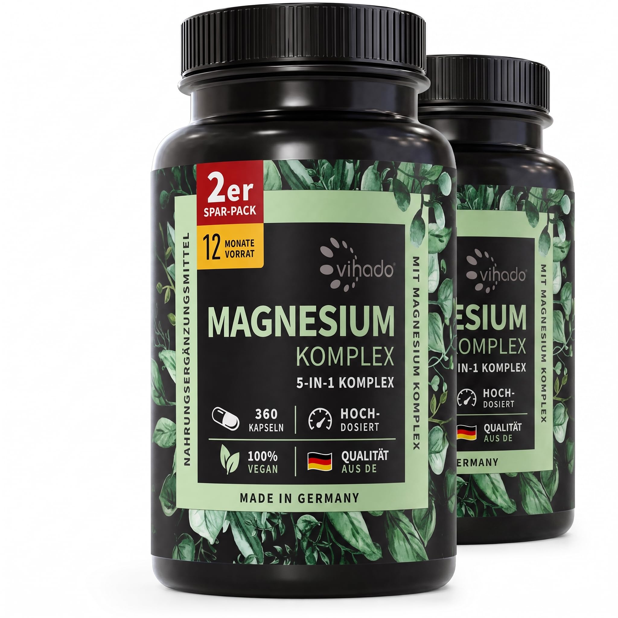 Vihado Magnesium Komplex Sparpaket - 2er Pack, 360 vegane Kapseln | 12 Monate Vorrat, 5-in-1 Matrix, 200 mg pro Kapsel, laborgeprüft
