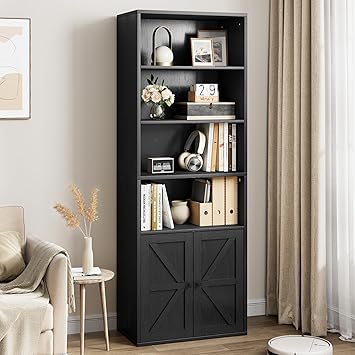 IDEALHOUSE Bookcase with Doors Industrial Bookshelf 11.8in Depth Display Storage Shelves 71.4in Tall Farmhouse Bookcases Wooden 6 Shelf Bookshelvels for Bedroom, Living Room, Home Office (Black)