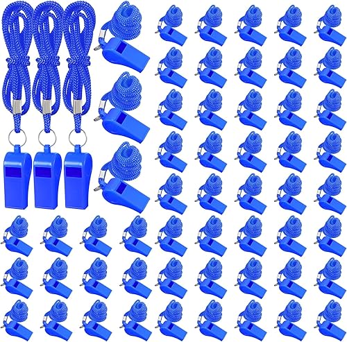 Honoson 100 silbatos de emergencia con cordón, silbato de seguridad de plástico fuerte y nítido silbato de supervivencia para salvavidas, defensa