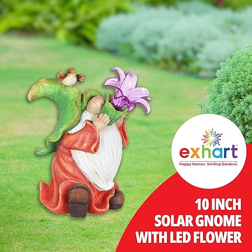 Miniatura 3 de Exhart Gnomo de jardín, estatua solar de jardín, flor de lirio LED, decoración de césped y patio al aire libre, 10 x 6.5 x 10.5 pulgadas