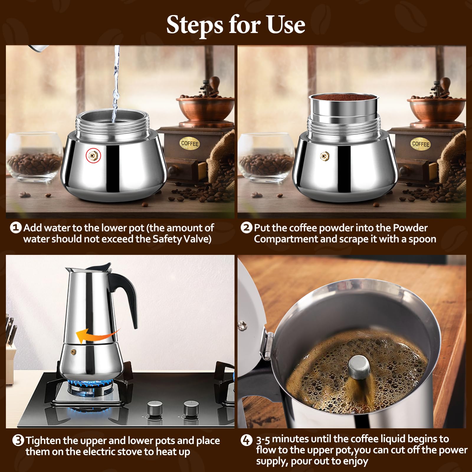 Cafetera italiana para 2 tazas, 100 ml, 3.5 onzas, cafetera espresso de acero inoxidable, cafetera clásica adecuada para cocinas de inducción, estufa de gas, estufa de alcohol, estufa