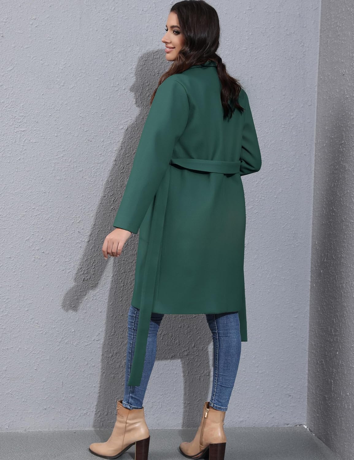 Hooever Women's Double Breasted Wool Blend Coat Winter Notched Lapel Belted Peacoat Mid Long Jacket - Image 9