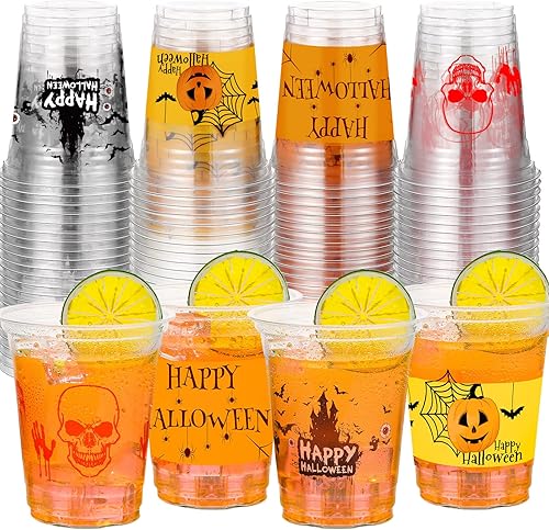 CHENGU Vasos de plástico transparente desechables para fiesta de Halloween, vasos de plástico transparente impresos para decoración de fiestas,