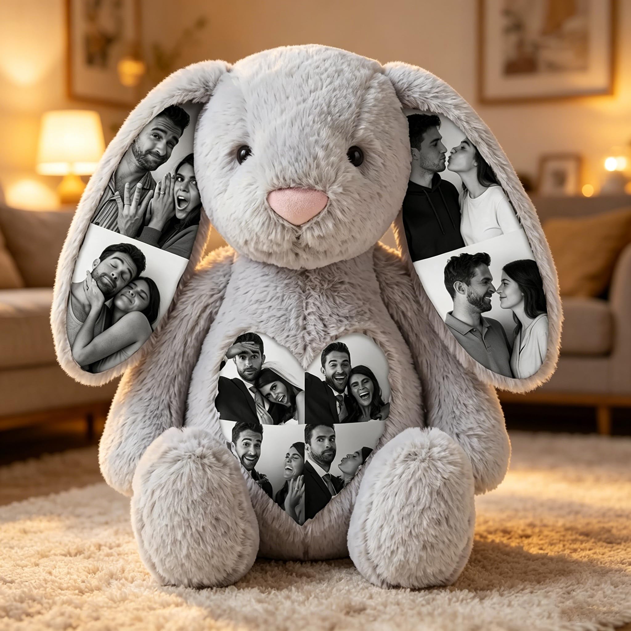 VEELU Personalised Photo Bunny Teddy Bear 26cm/40cm, Custom Keepsake Stuffed Bunny Plush with Hidden Ear Pictures, Personalised Wedding Anniversary Birthday Gifts for Women, Animal Girl, Couple