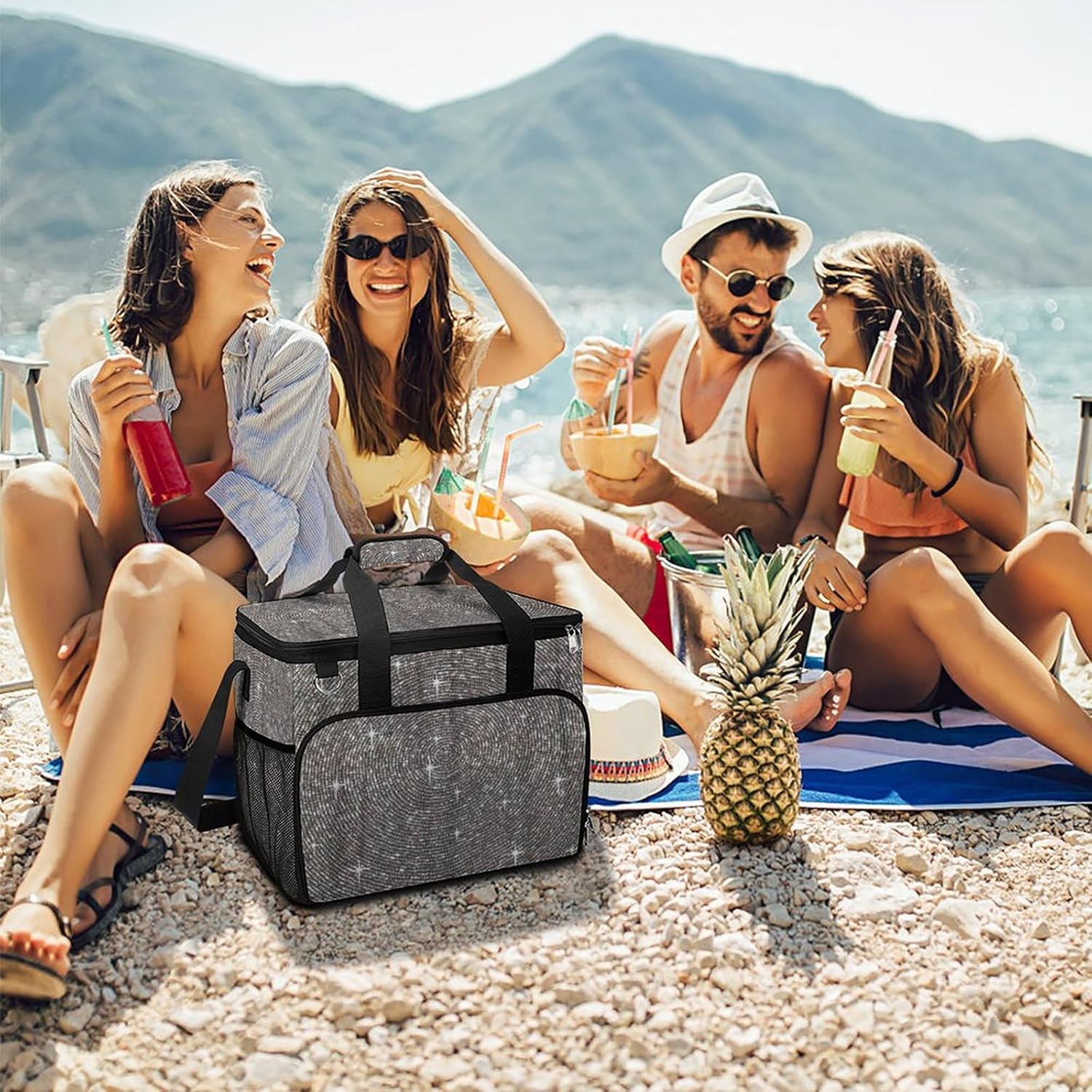 White Silver Gray Bling Diamond Cooler Bag, Collapsible Soft Sided Cooler, Large Leakproof Camping Cooler, Portable Travel Cooler for Camping, Road Trips