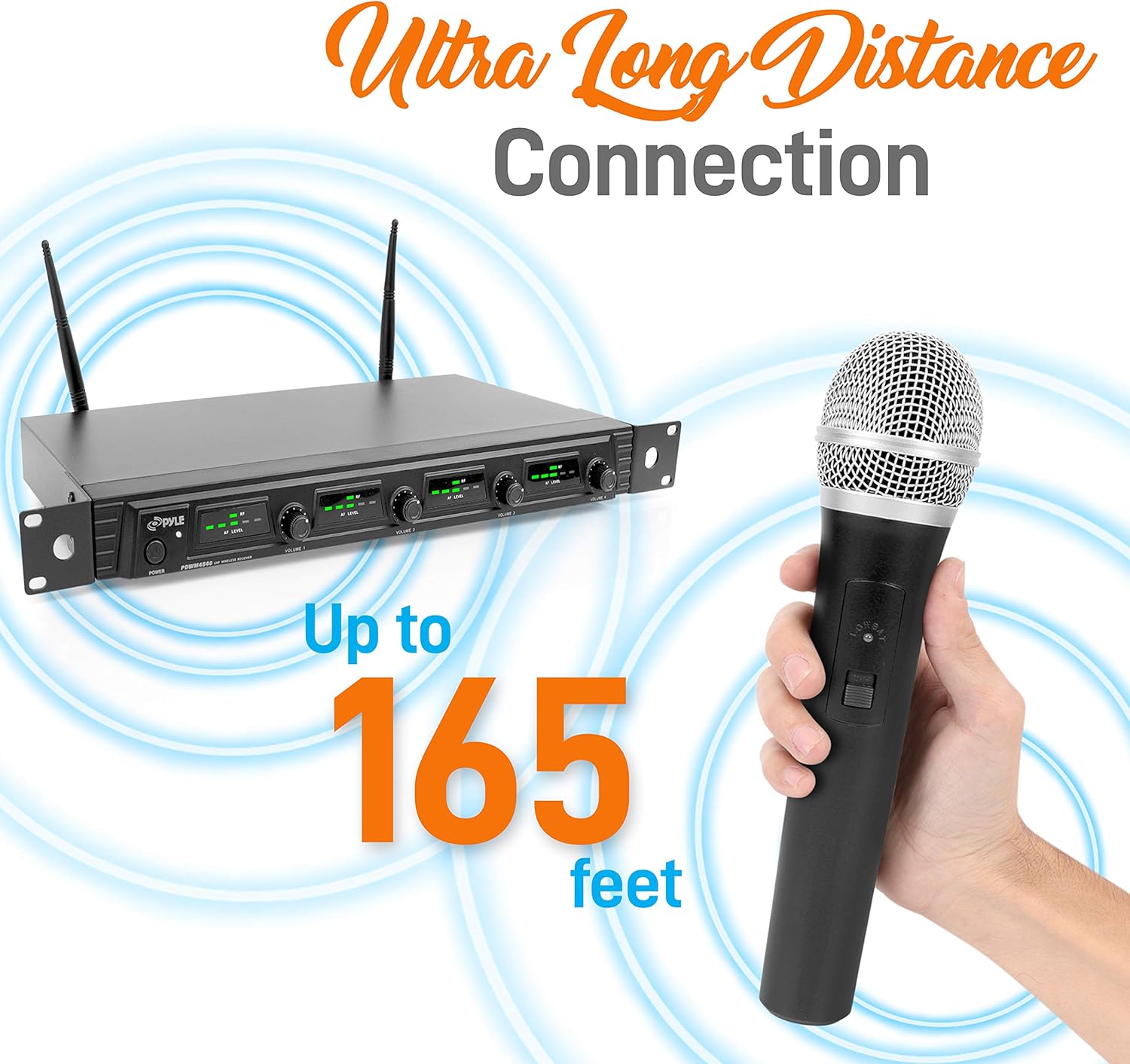 4 Channel Wireless Microphone System - Portable UHF Audio Mic Set with 2 Handheld, 2 Headset, 2 Lavalier Mics, 2 Transmitter, 8 'AA' Battery, Power Adapter - For Karaoke, PA, DJ - Pyle PDWM4540