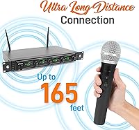 Vista 4 de Pyle Sistema de micrófono inalámbrico de 4 canales, juego de micrófono de audio UHF portátil con 2 de mano, 2 auriculares, 2 micrófonos Lavalier, 2