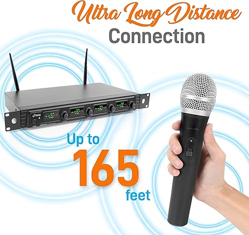 Miniatura 4 de Pyle Sistema de micrófono inalámbrico de 4 canales, juego de micrófono de audio UHF portátil con 2 de mano, 2 auriculares, 2 micrófonos Lavalier, 2