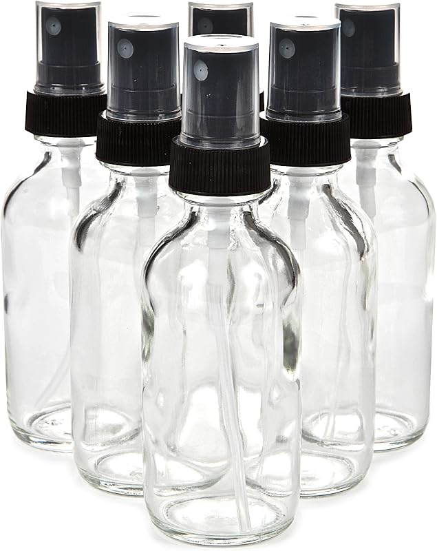 Vivaplex Frascos de vidro transparente de 60 mL com borrifadores finos pretos, Pacote com 6