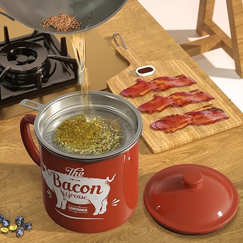 Miniatura 4 de Recipiente de grasa de tocino con colador, recipiente grande de grasa de esmalte de 46 onzas, con espátula de silicona, contenedor de grasa de