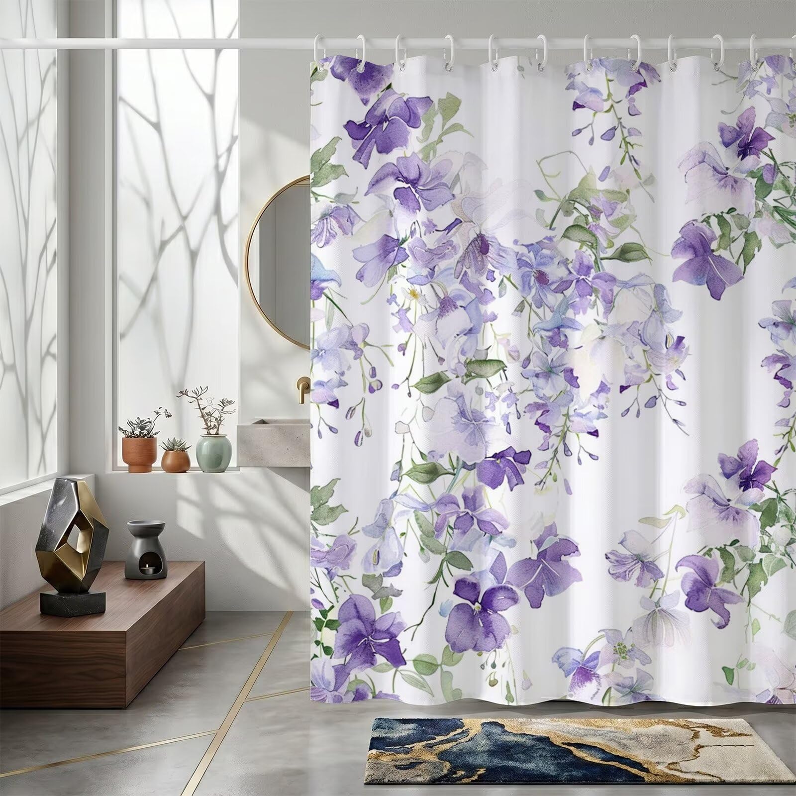 Rideau de douche polyester avec anneaux et œillets pour accessoires salle de bain