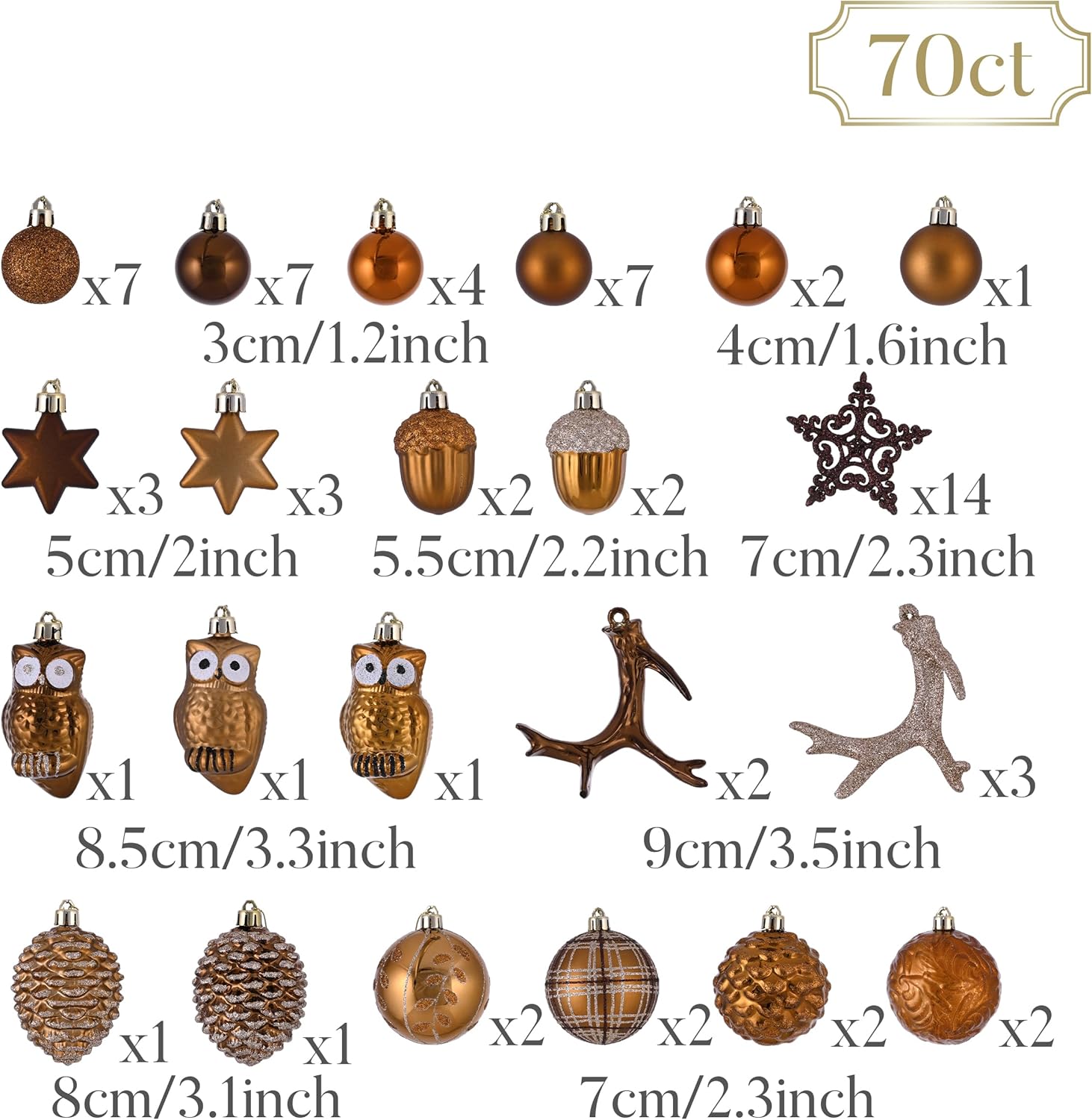 Valery Madelyn Ornaments for Christmas Trees, 70ct Bronze Copper and Gold Shatterproof Christmas Tree Decorations, Woodland Brown Hanging Ball Ornaments Bulk for Xmas Holiday Party Decor