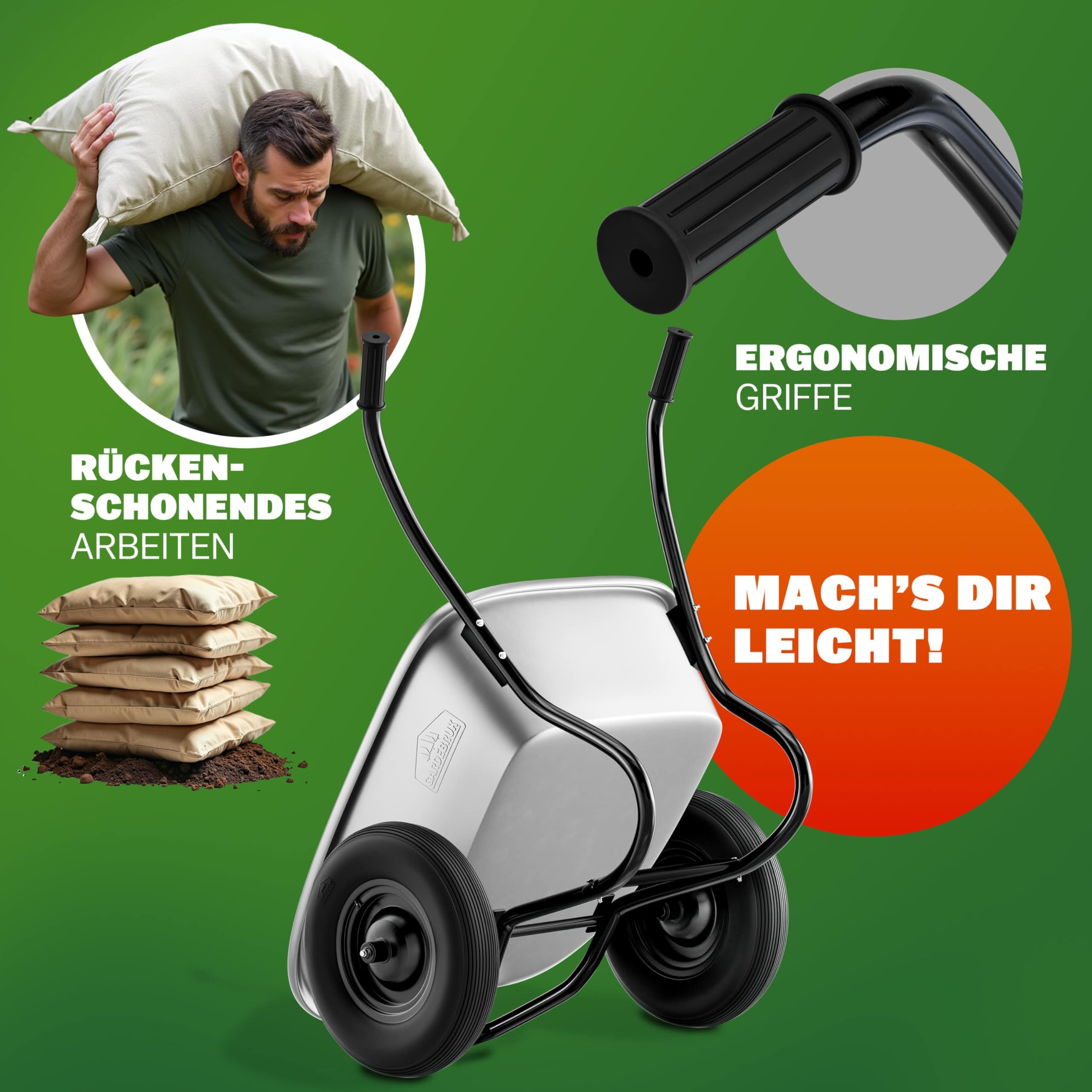 GARDEBRUK Schubkarre 2 Rad 150kg 100L Stahlfelge 2 Luftreifen Autoventil Gleitlager