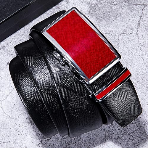 Miniatura 5 de YOHOWA - Cinturón con hebilla dorada para hombre cinturón de cuero de vacuno hebilla automática de trinquete negro sin agujeros para jeans caja de