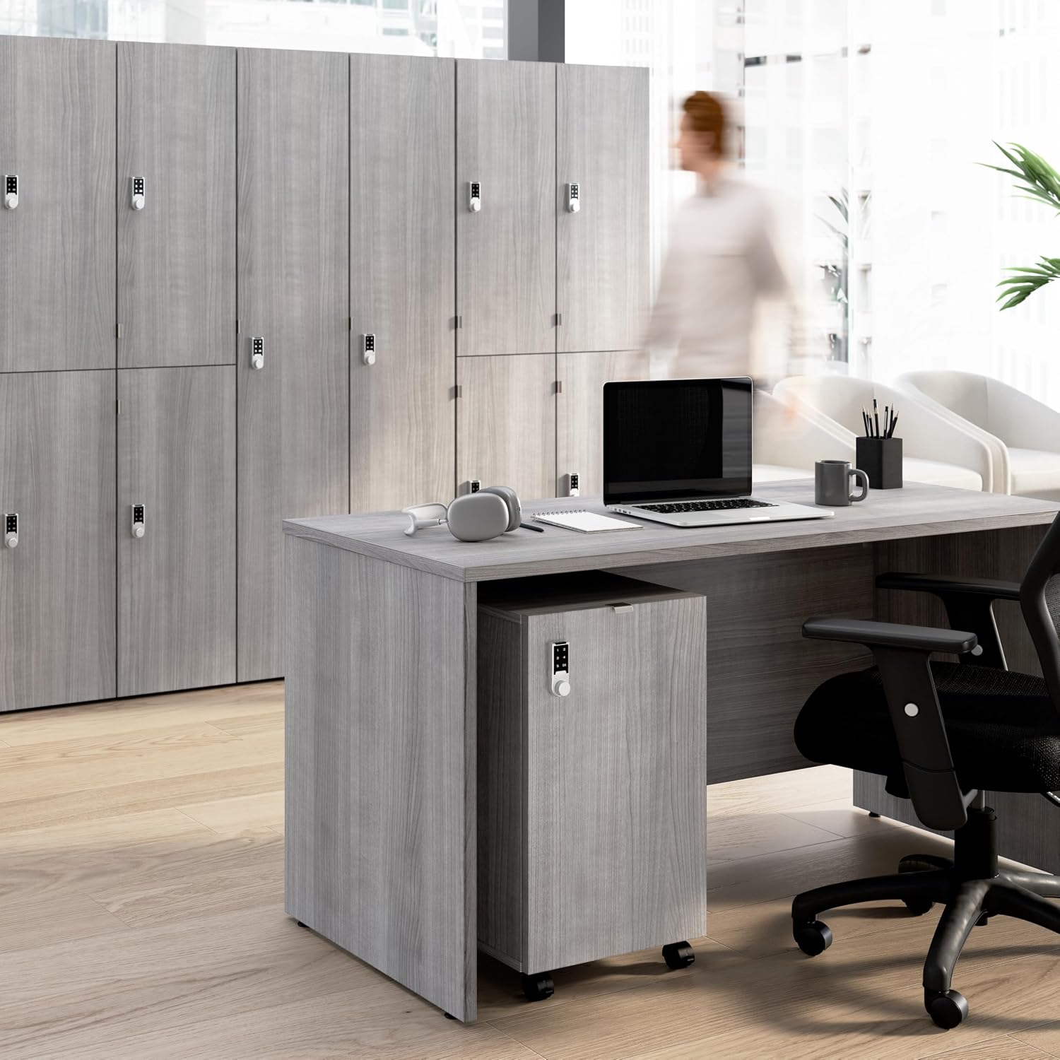 Bush Business Furniture Mobile File Cabinet with Drawers and Keypad Lock, Office Furniture, Assure Collection, Platinum Gray