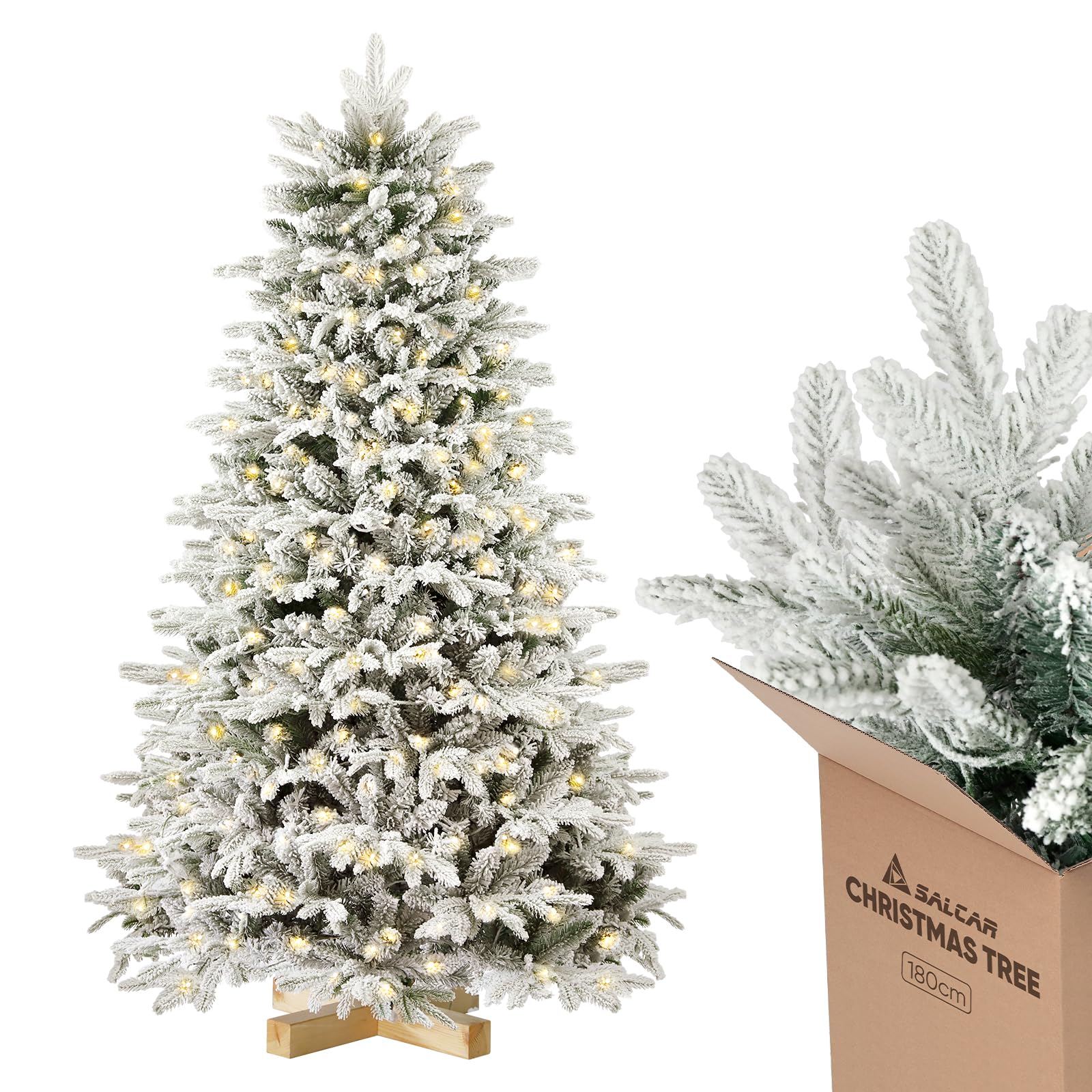 Amazon.de: SALCAR Weiss Knstlicher Weihnachtsbaum mit Beleuchtung 180 cm, Schnee  Tannenbaum Knstlich mit 330 LED, Handschuhen, Holzstnder