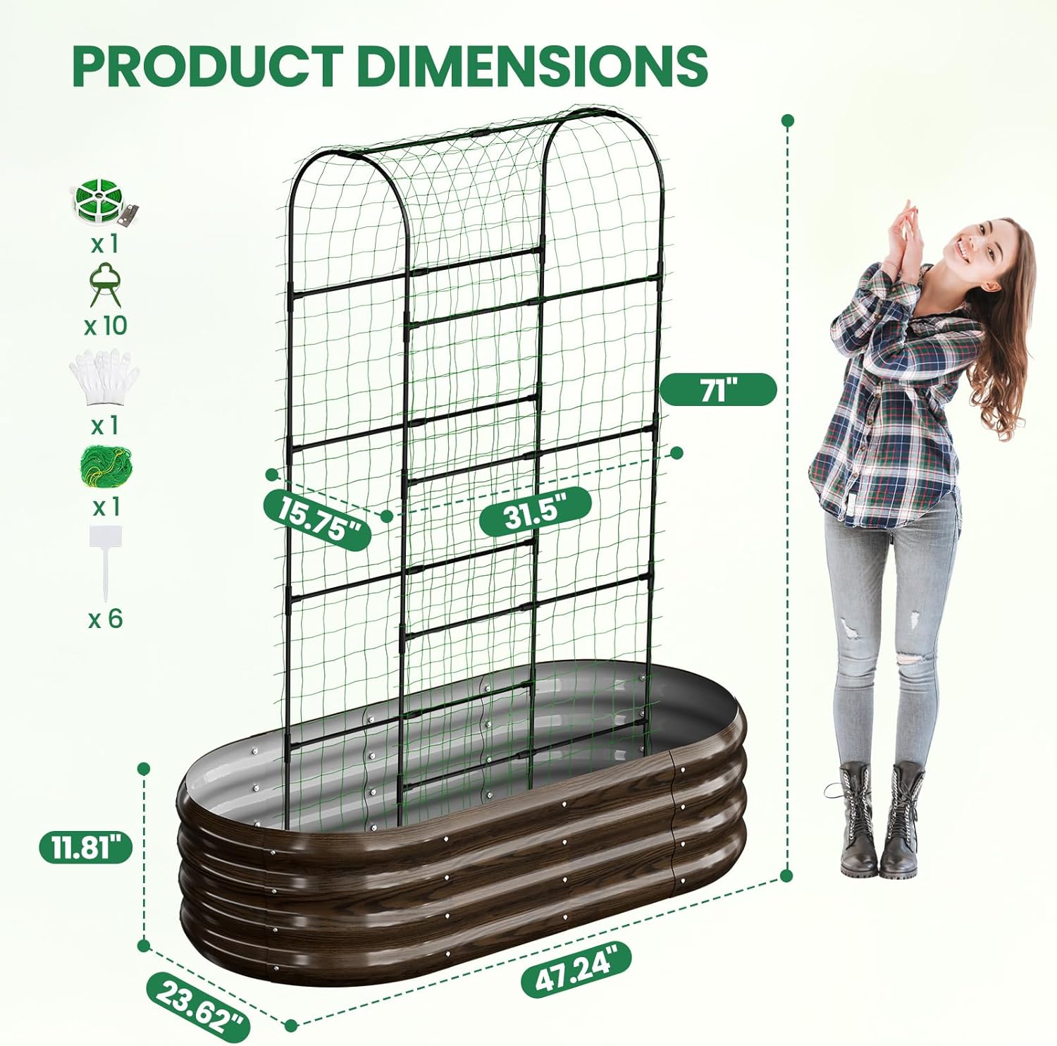 SUNYRISY 2Pack Galvanized Raised Garden Bed with 71in Arch Trellis for Climbing Plants, Outdoor Planter Box with Climbing Net for Gardening Flowers Vegetables Fruits Herbs, Wood Grain