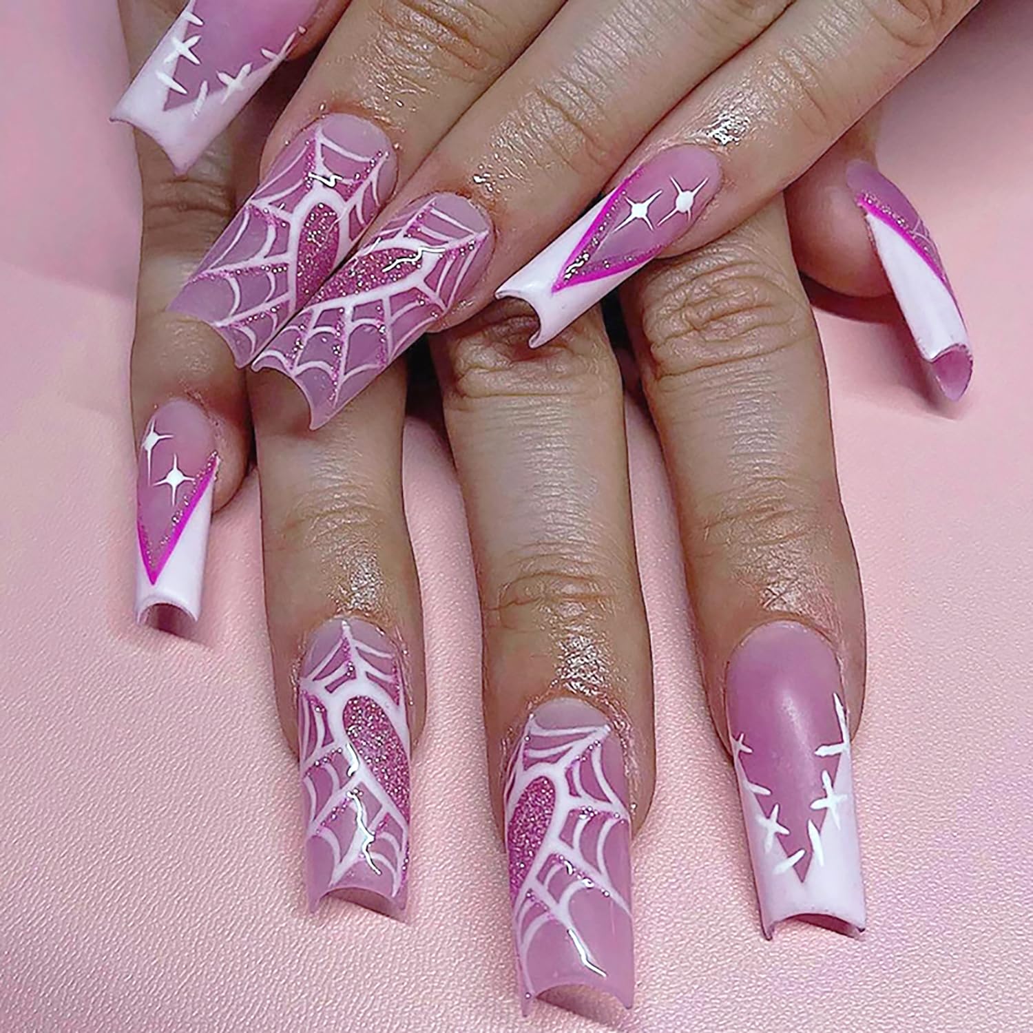 Press On Nails Heart Patchwork Spider Web French Long Pink Wear False Nails for Women and Girls Holiday Decorations Reusable 12 Sizes - 24 Nail Kit