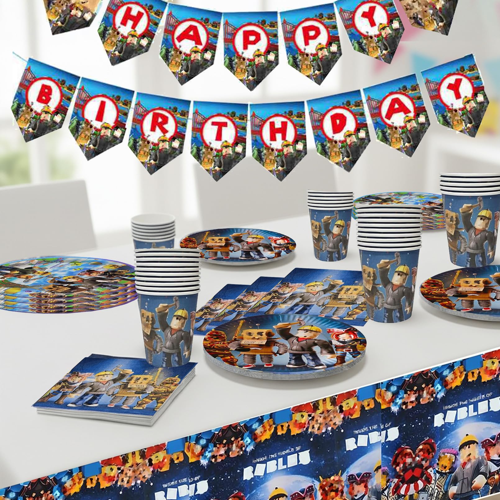 82 Pezzi Rob-lx Stoviglie per Feste di Compleanno，Rob-lx Addobbi Compleanno，Tovaglia，Piatti Carta，Sacchetto regalo，Striscione，Adatto a 20 persone