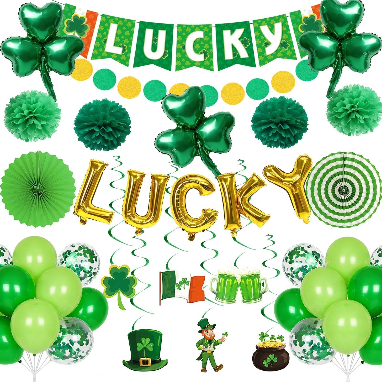 Zonlianxin St Patricks Day Decorations Shamrock Lucky Banner Garlands Paper Fan Latex Foil Balloons Clover Hanging Swirls Irish Decor for Home Saint