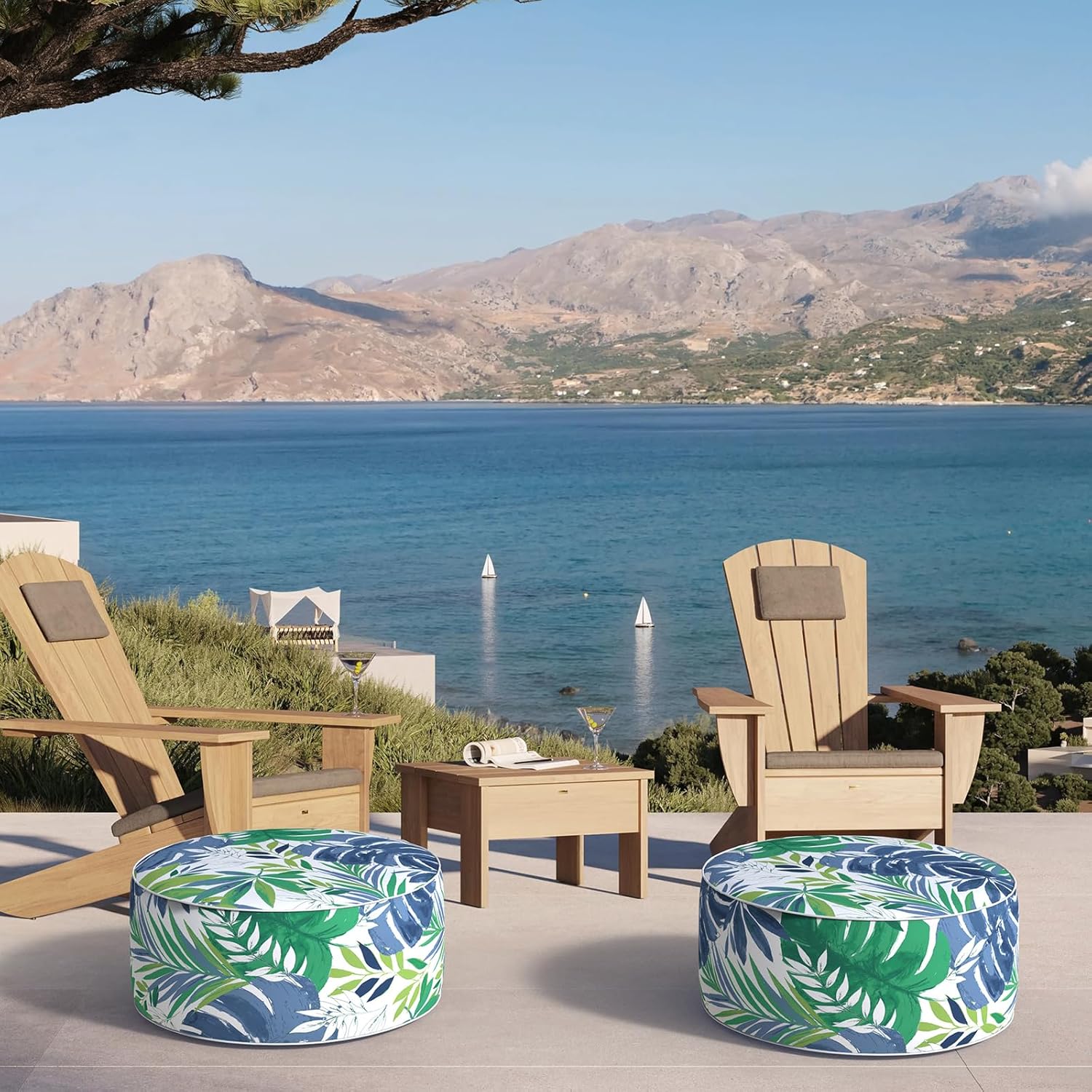 DYTXIII Inflatable Ottoman Stool D21 xH9 for Outdoor/Indoor Use, Water Repellent Patio Foot Rest with Portable Handle,Round Pouf Ottoman Suitable for Garden,Deck and Camping - Islamorada Blue Green