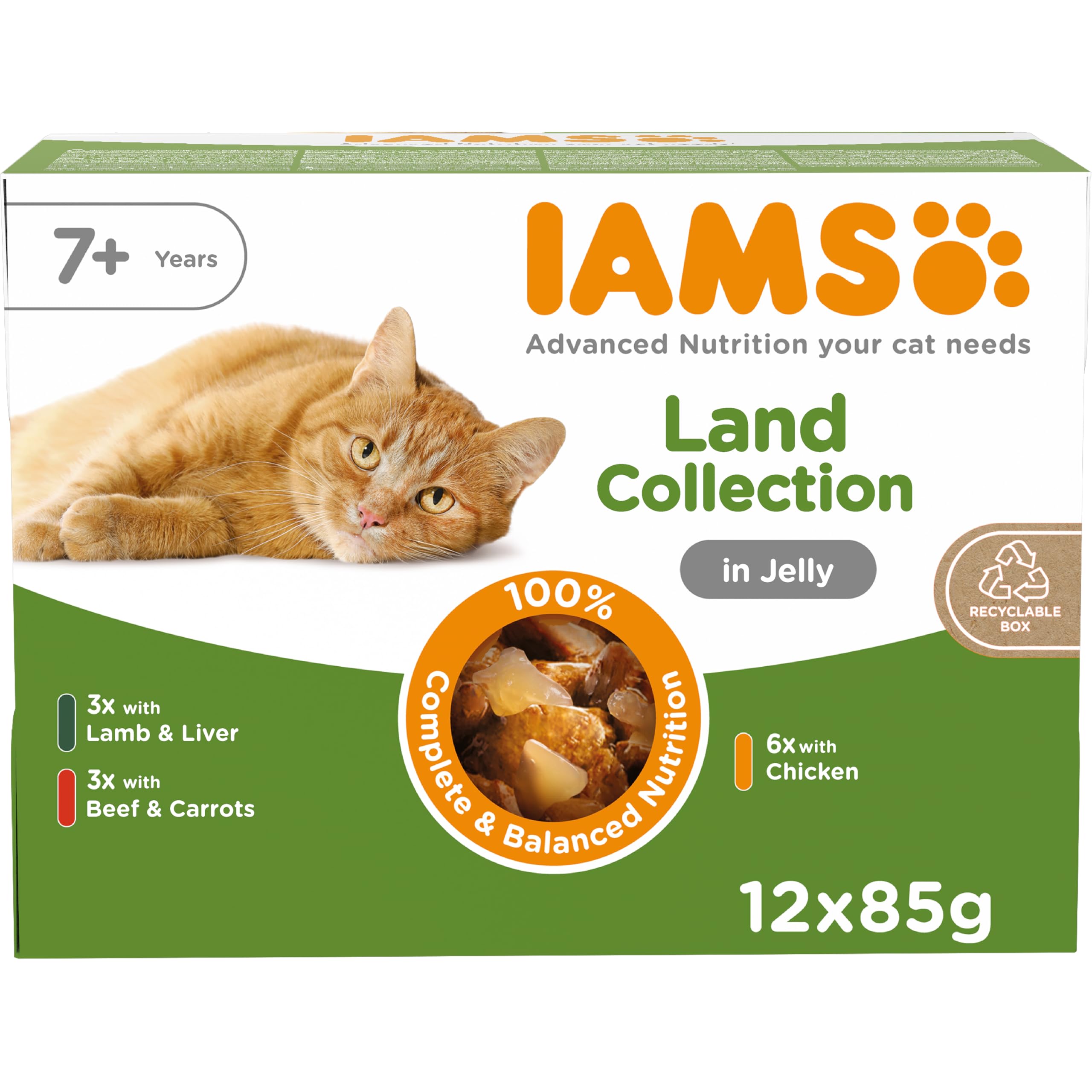 Iams 12 X 85G Advanced Nutrition Wet Cat Food + Meowee! Cat Treats Free! * - Senior 7+ Land Collection In Jelly (3 Flavours) (12 X 85G) + Savoury Spoonables Chicken (8 X 14G)