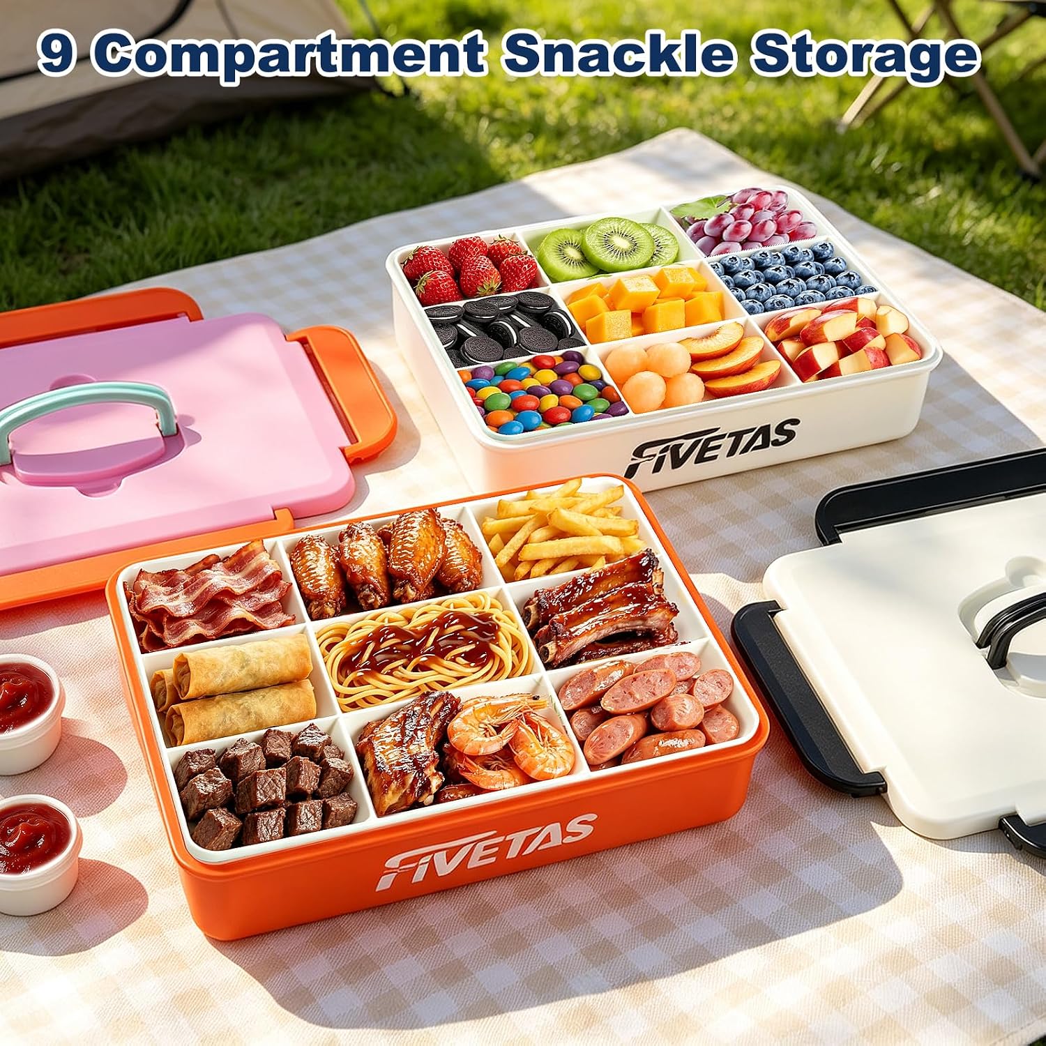 Snackle Box with Built-in Ice Pack,9 Compartment Divided Snack Container with Lid & Handle, Airtight Portable Lunch Tray with Sauce Cups, Metal Forks & Insulated Bag for School Travel Road Trip(BLACK)